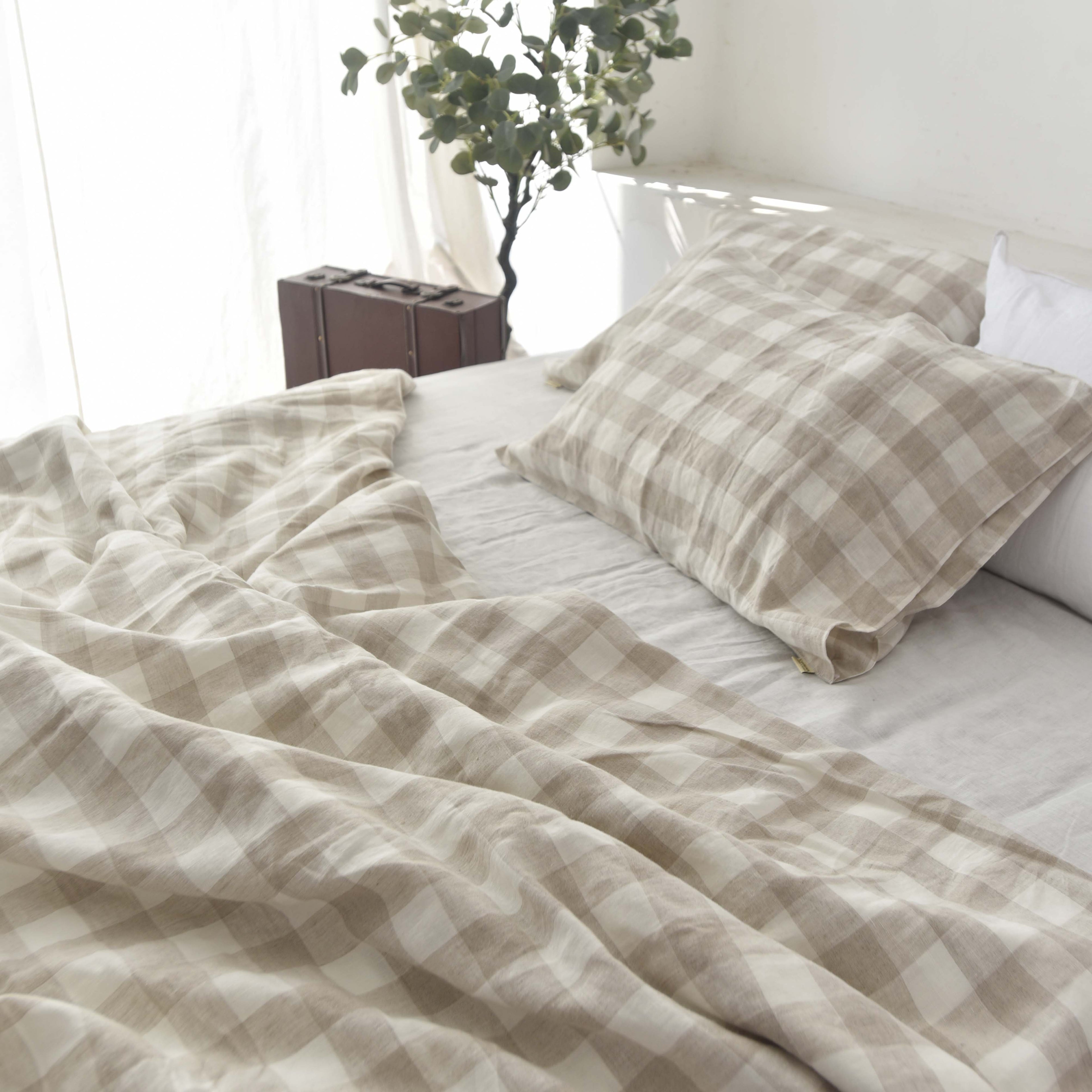 Grid Pattern French Linen Duvet Cover Set - Yarn-Dyed 4-Piece