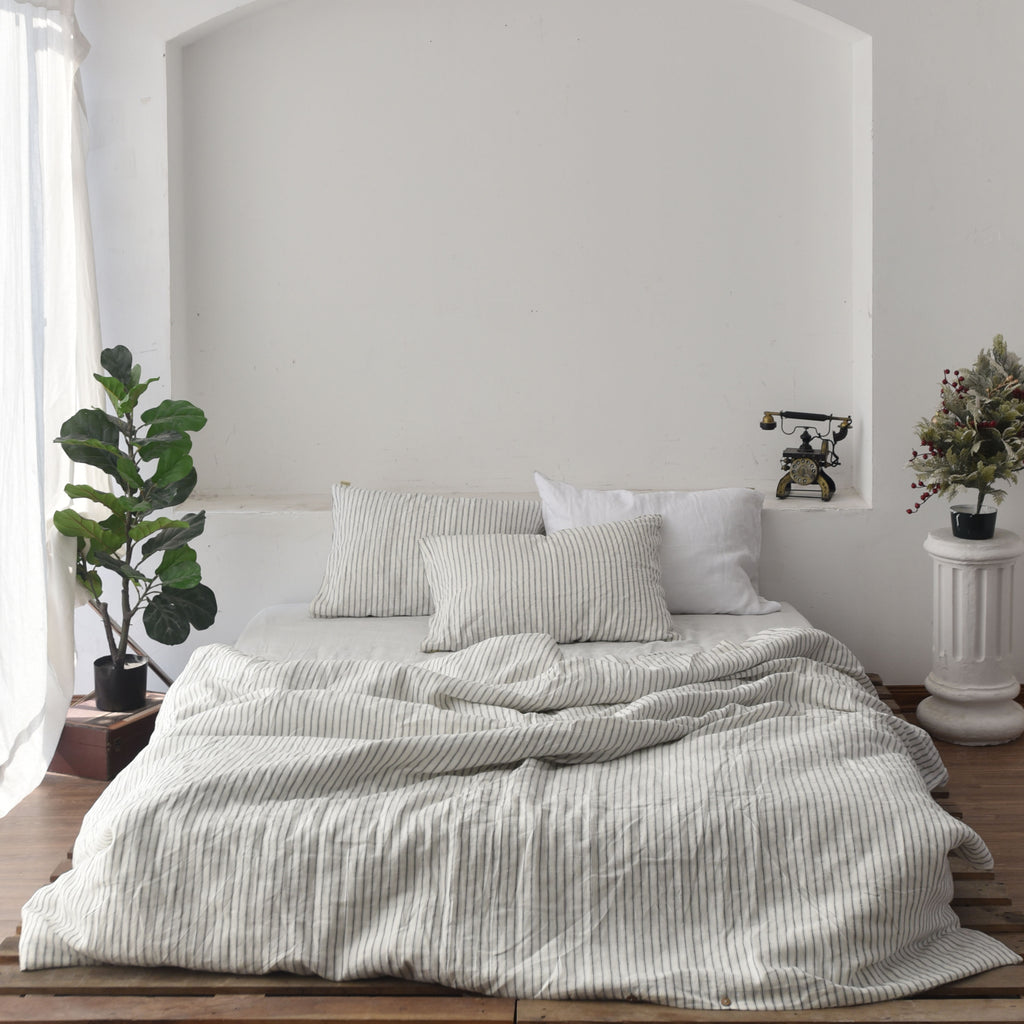 Striped Ivory French Linen Duvet Cover Set - Yarn-Dyed 4-Piece