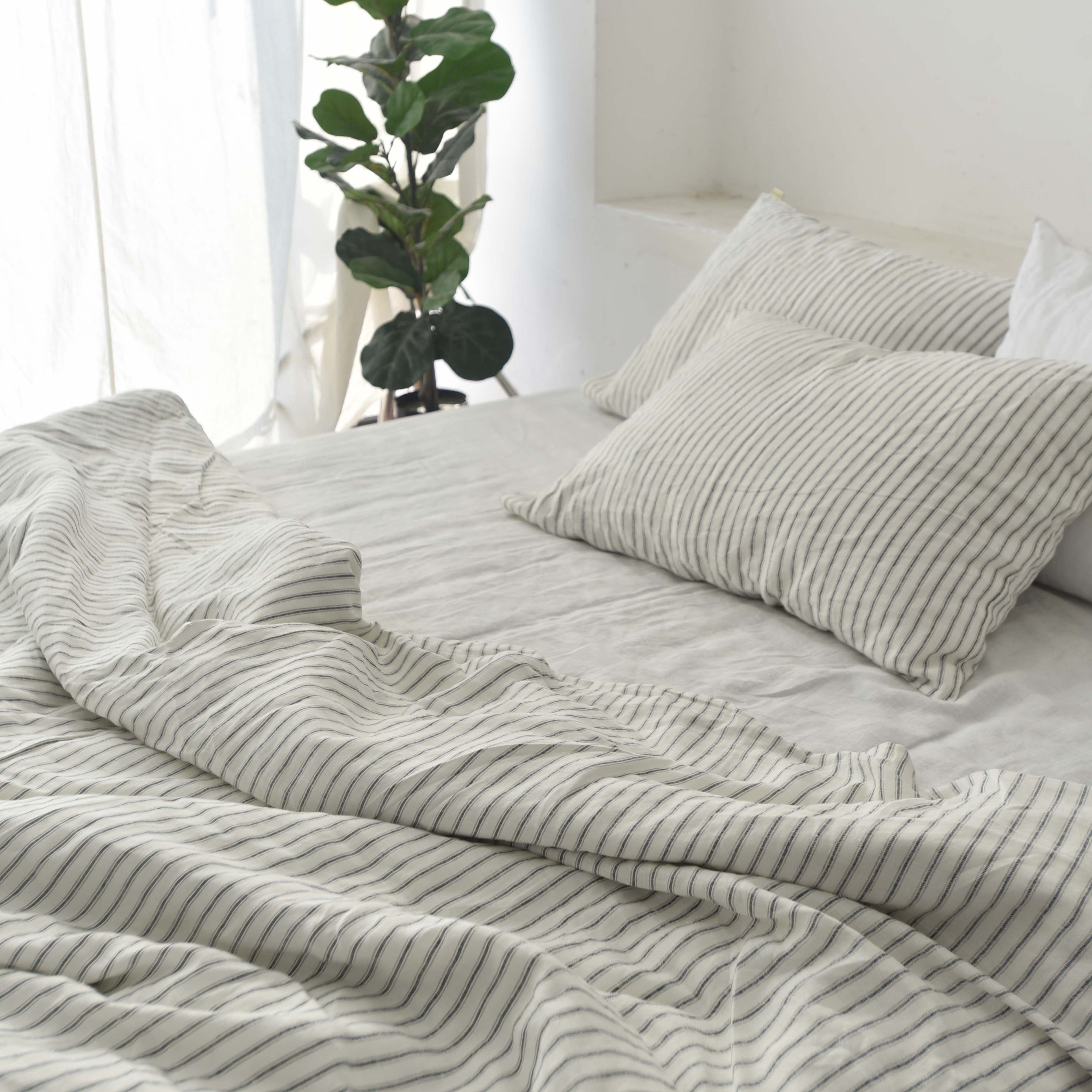 Ivory Striped French Linen Duvet Cover | Yarn-Dyed | Handmade