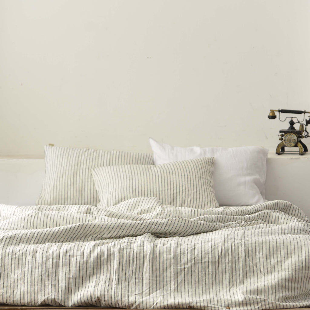 Ivory Striped French Linen Duvet Cover | Yarn-Dyed | Handmade