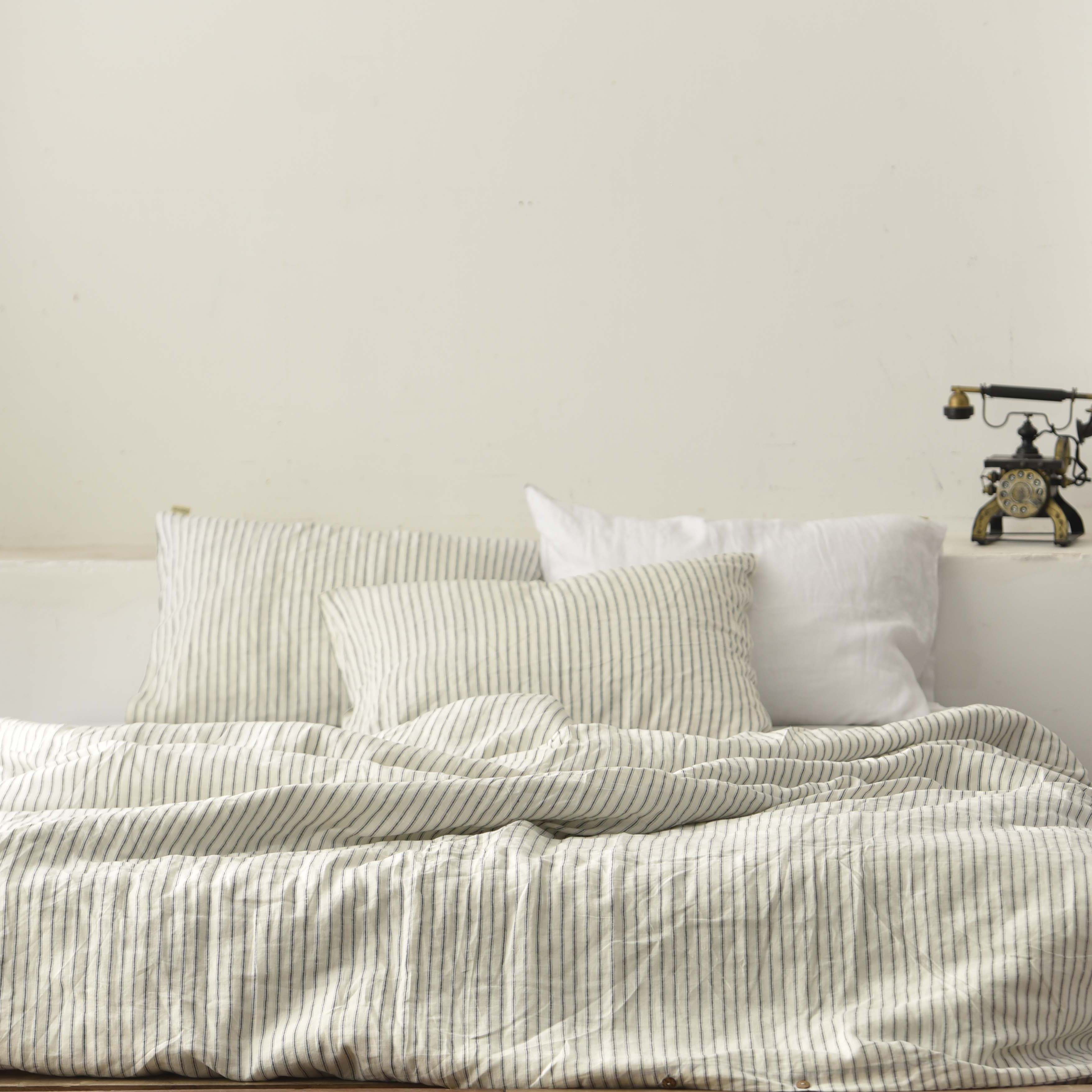 Striped Ivory French Linen Bedsheet | Deep Pocket Fitted Sheet
