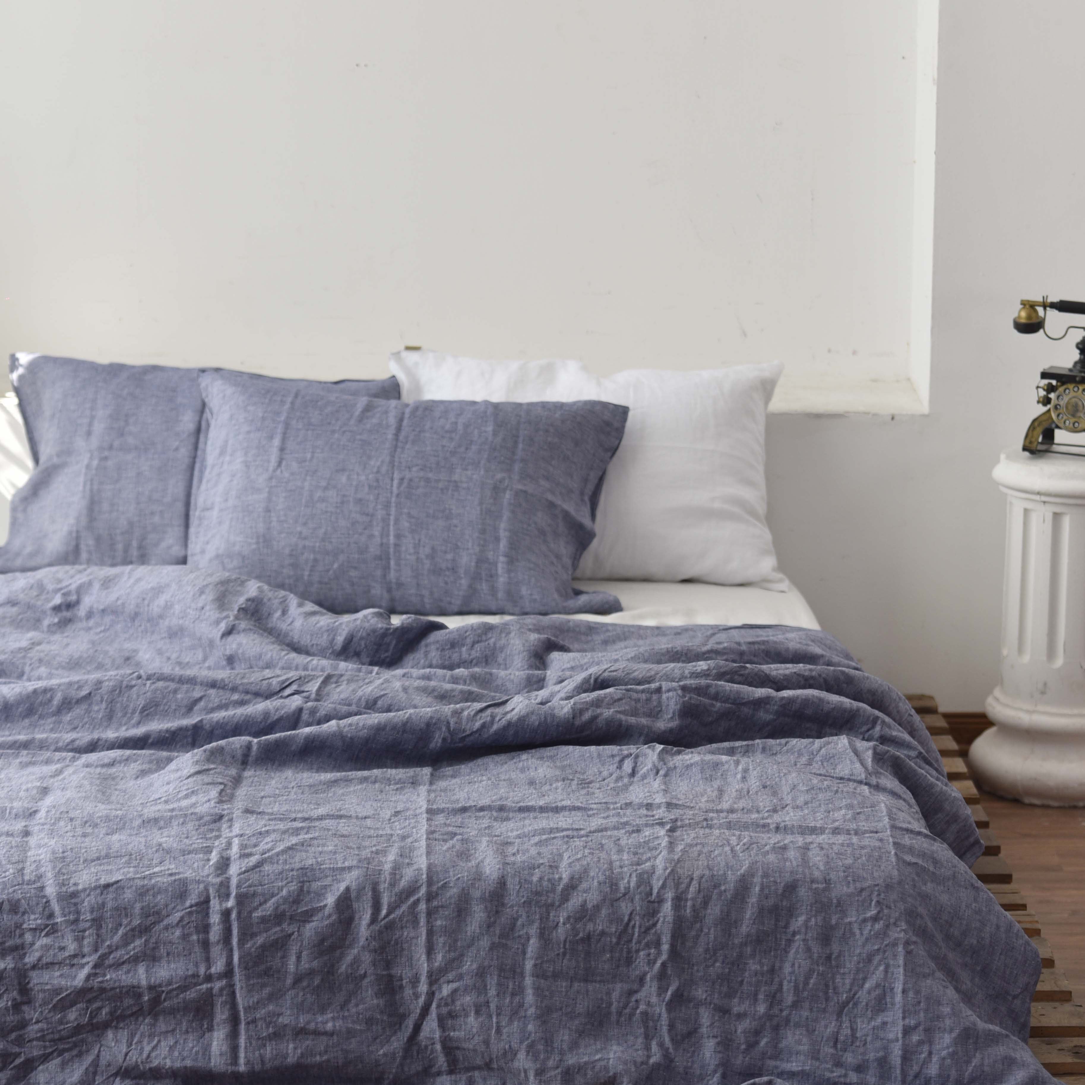 Jean Blue French Linen Fitted Sheet - Yarn-Dyed Deep Pocket