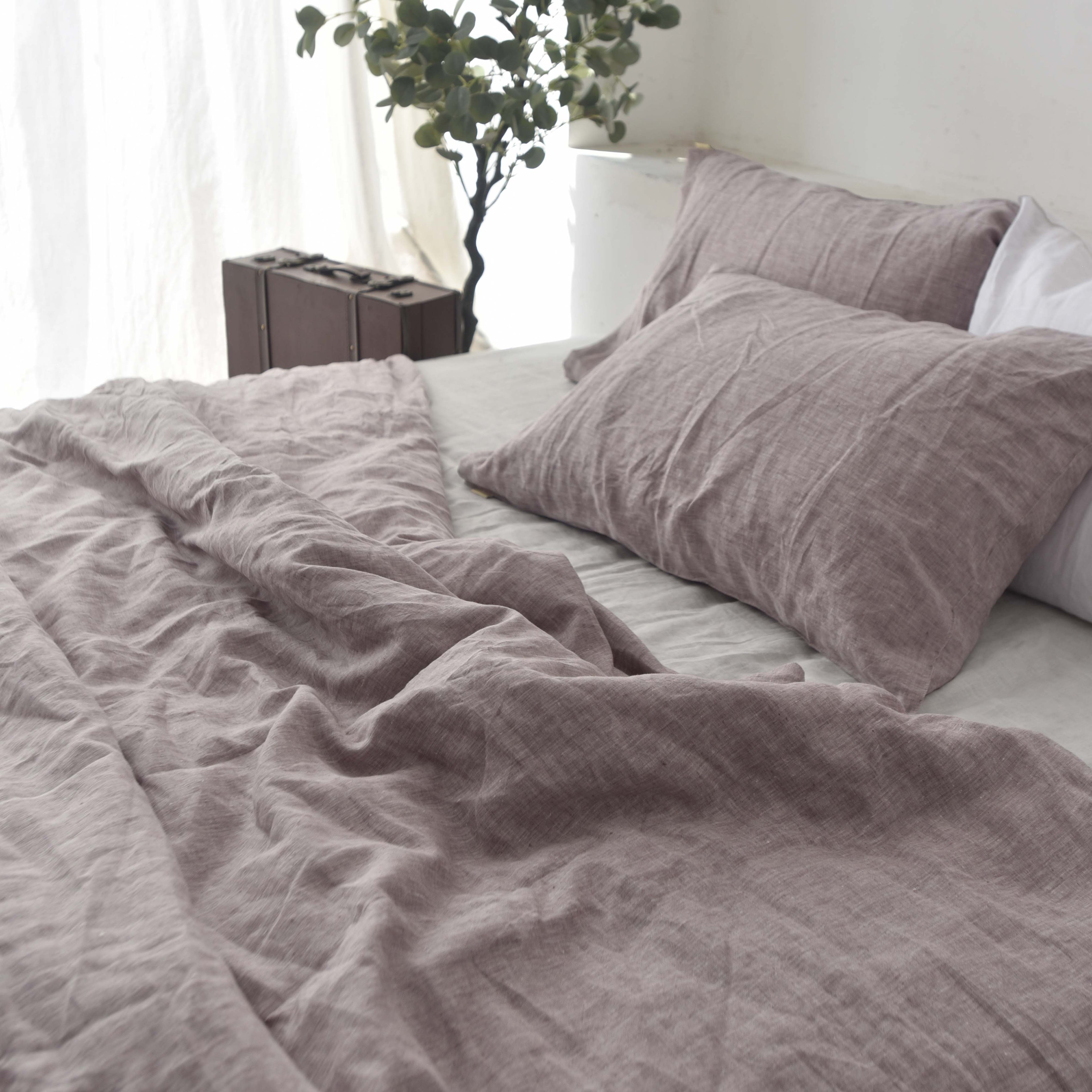 Light Purple French Linen Duvet Cover+2 Pillowcases Set | Yarn-Dyed | Handmade