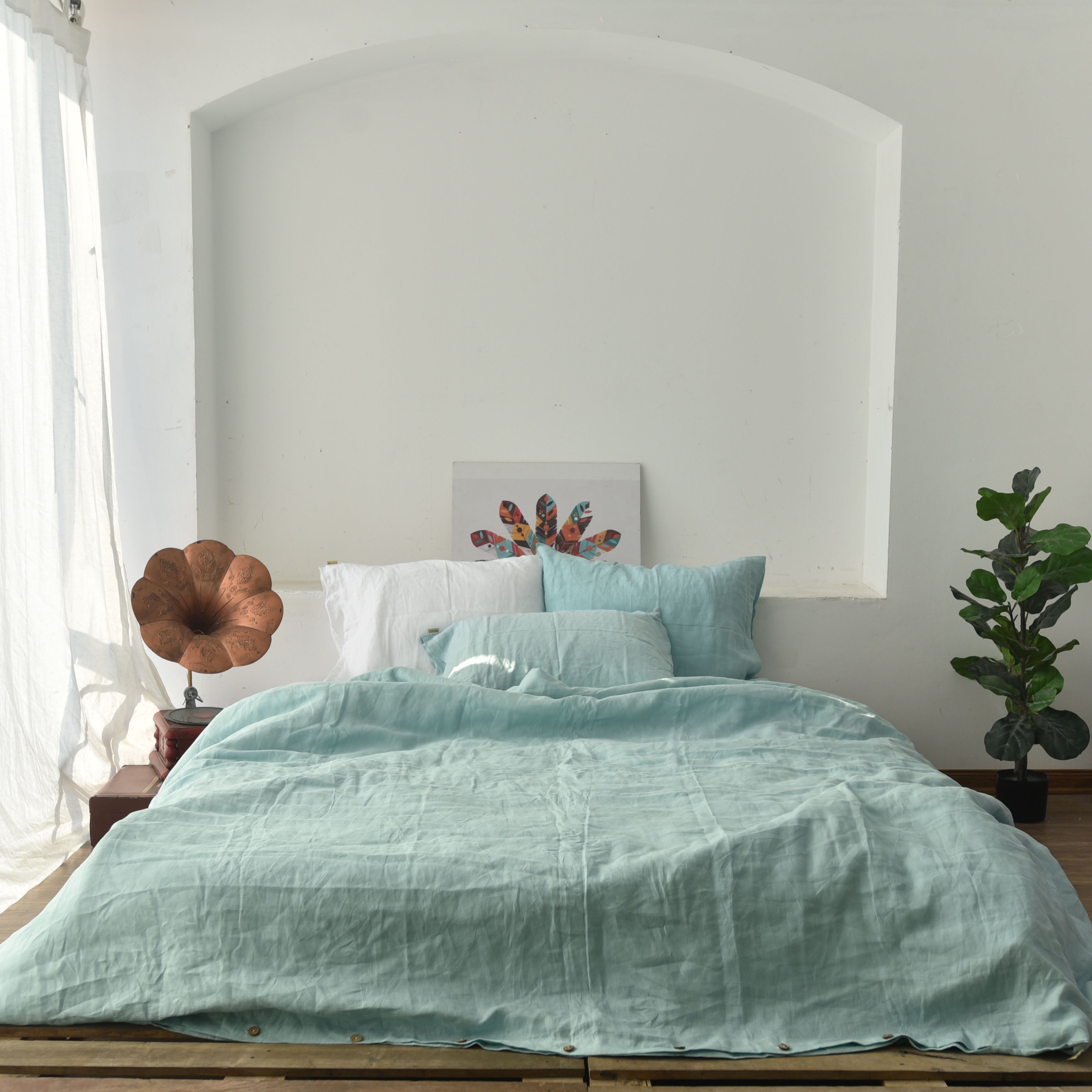 Mint Green French Linen Duvet Cover Set - Soft & Breathable 4-Piece