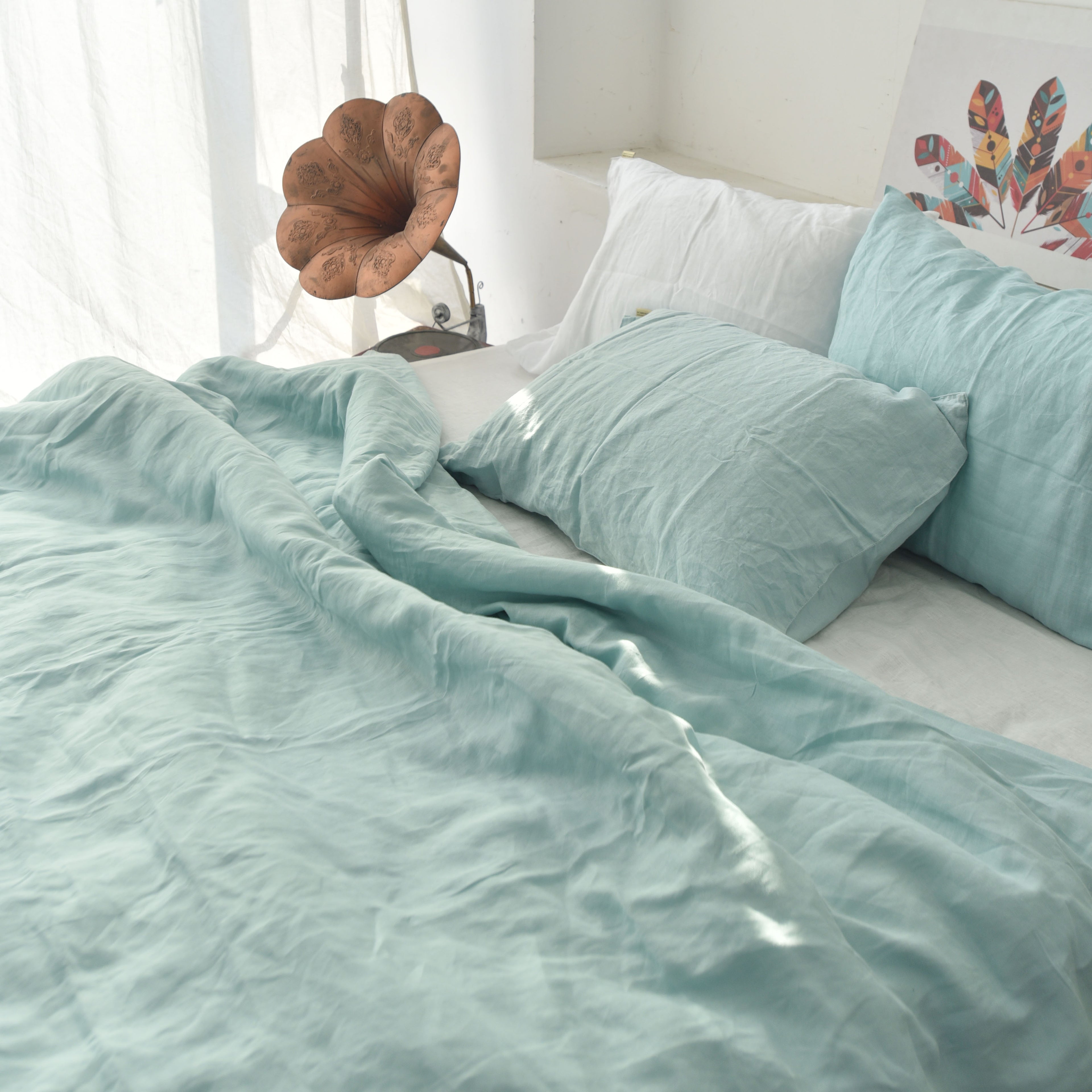 Mint Green French Linen Duvet Cover Set - Soft & Breathable 4-Piece