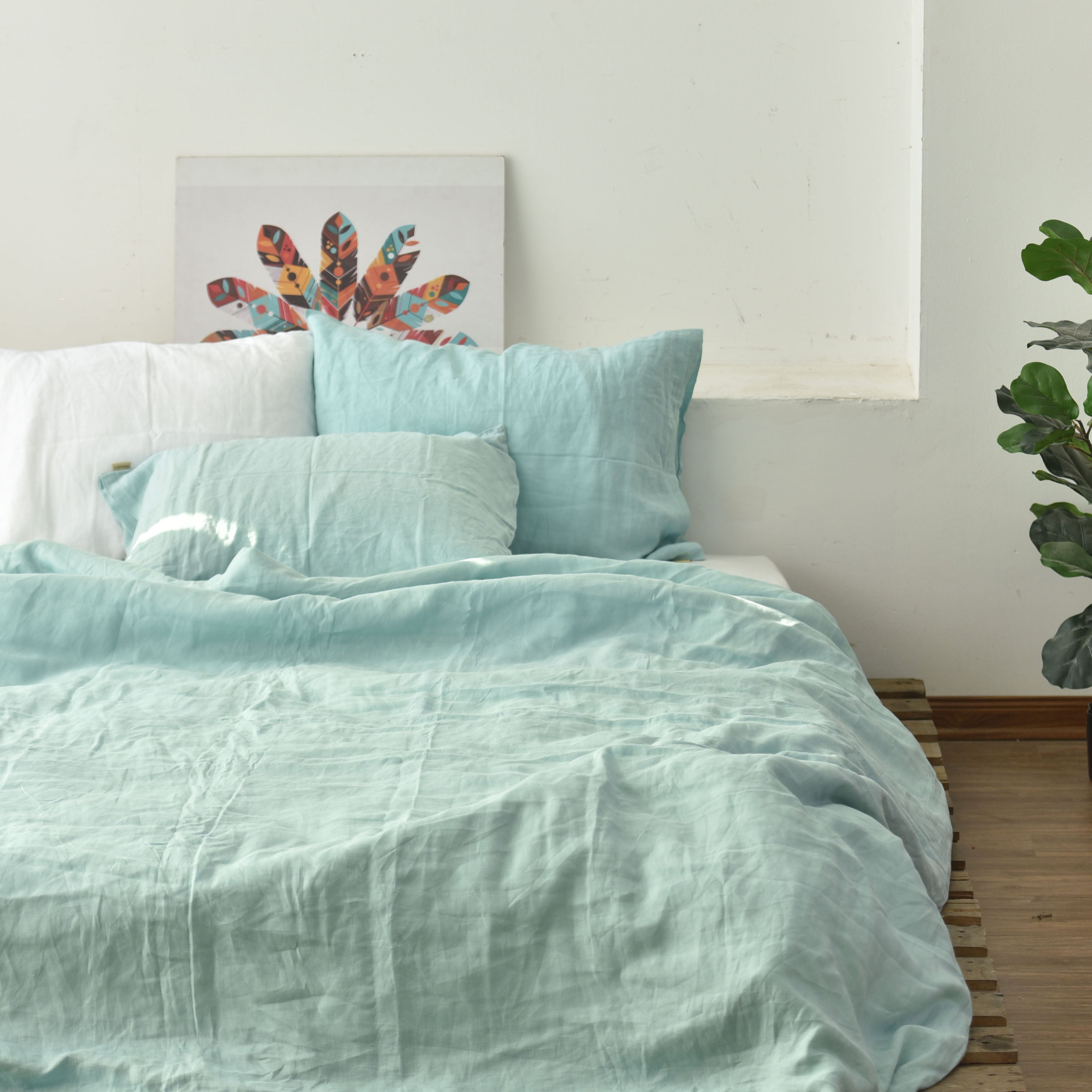 Mint Green French Linen Duvet Cover Set - Soft & Breathable 4-Piece