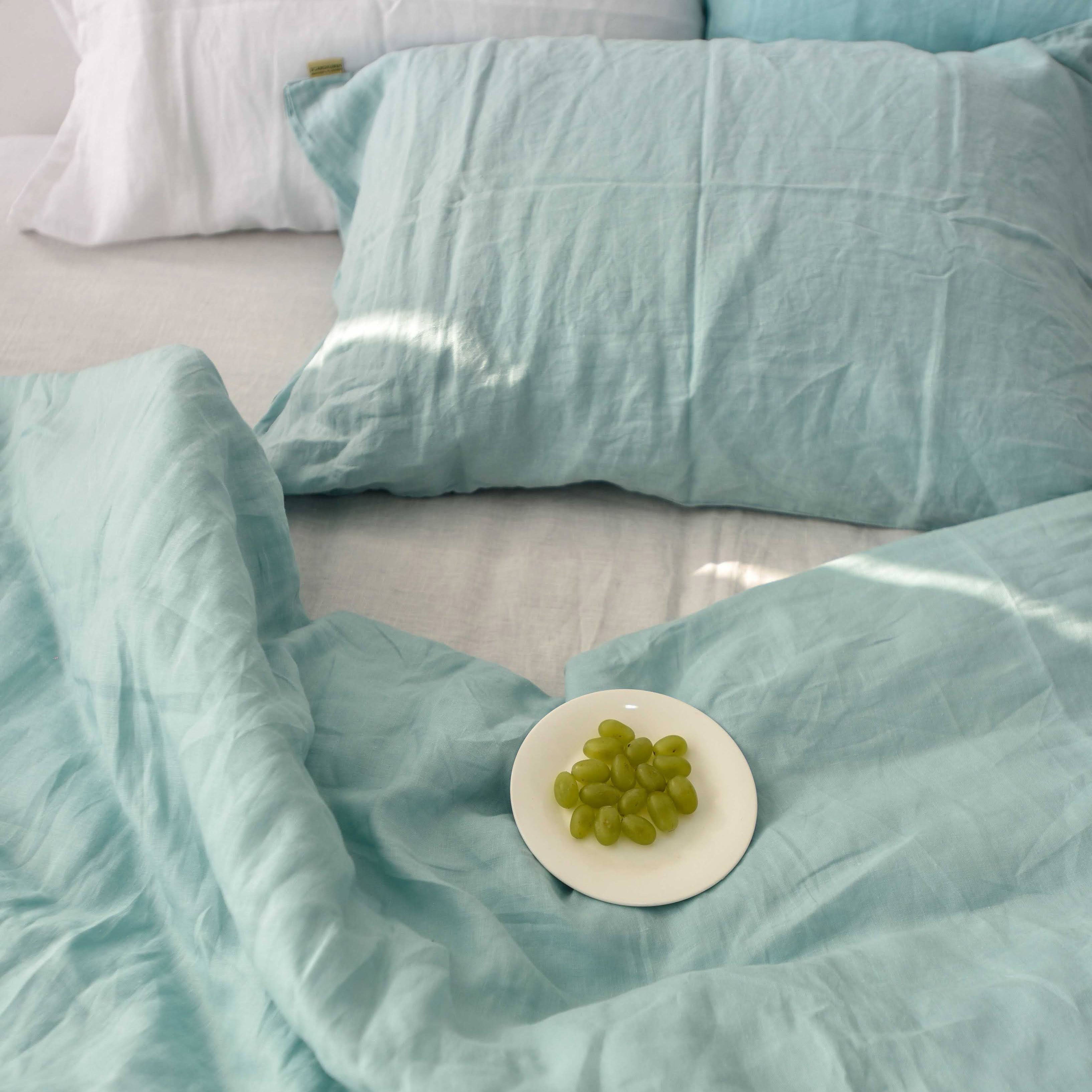 Mint Green French Linen Duvet Cover Set - Soft & Breathable 4-Piece