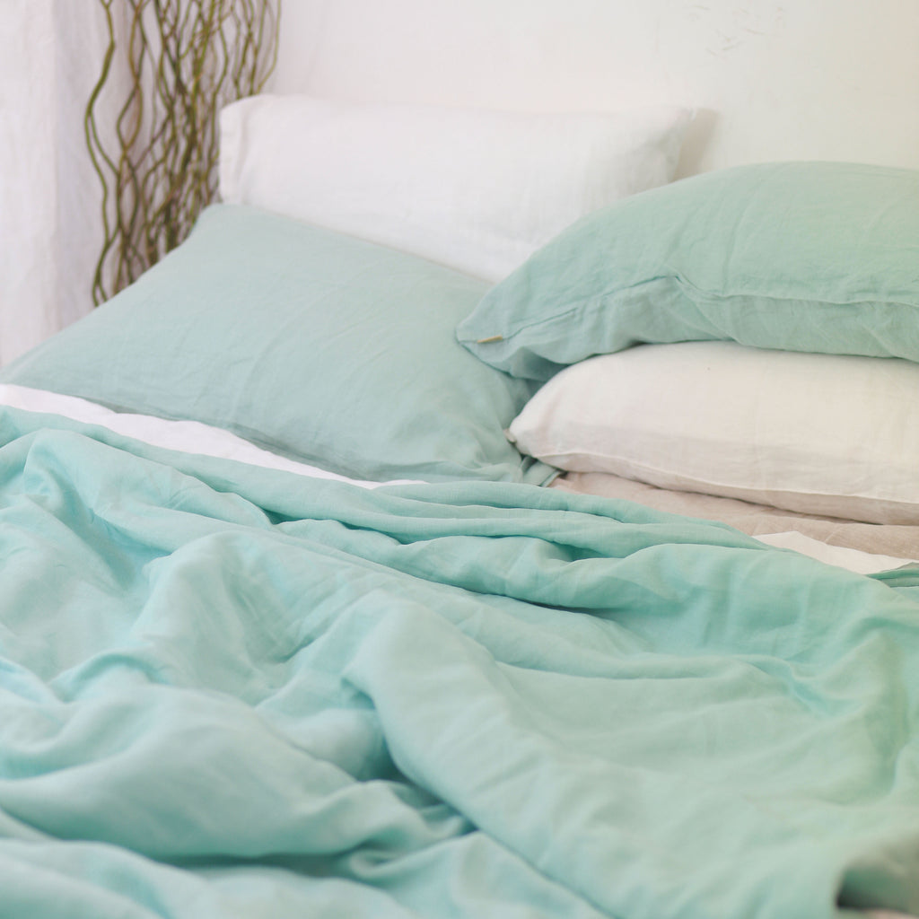 Mint Green French Linen Duvet Cover Set - Soft & Breathable 4-Piece