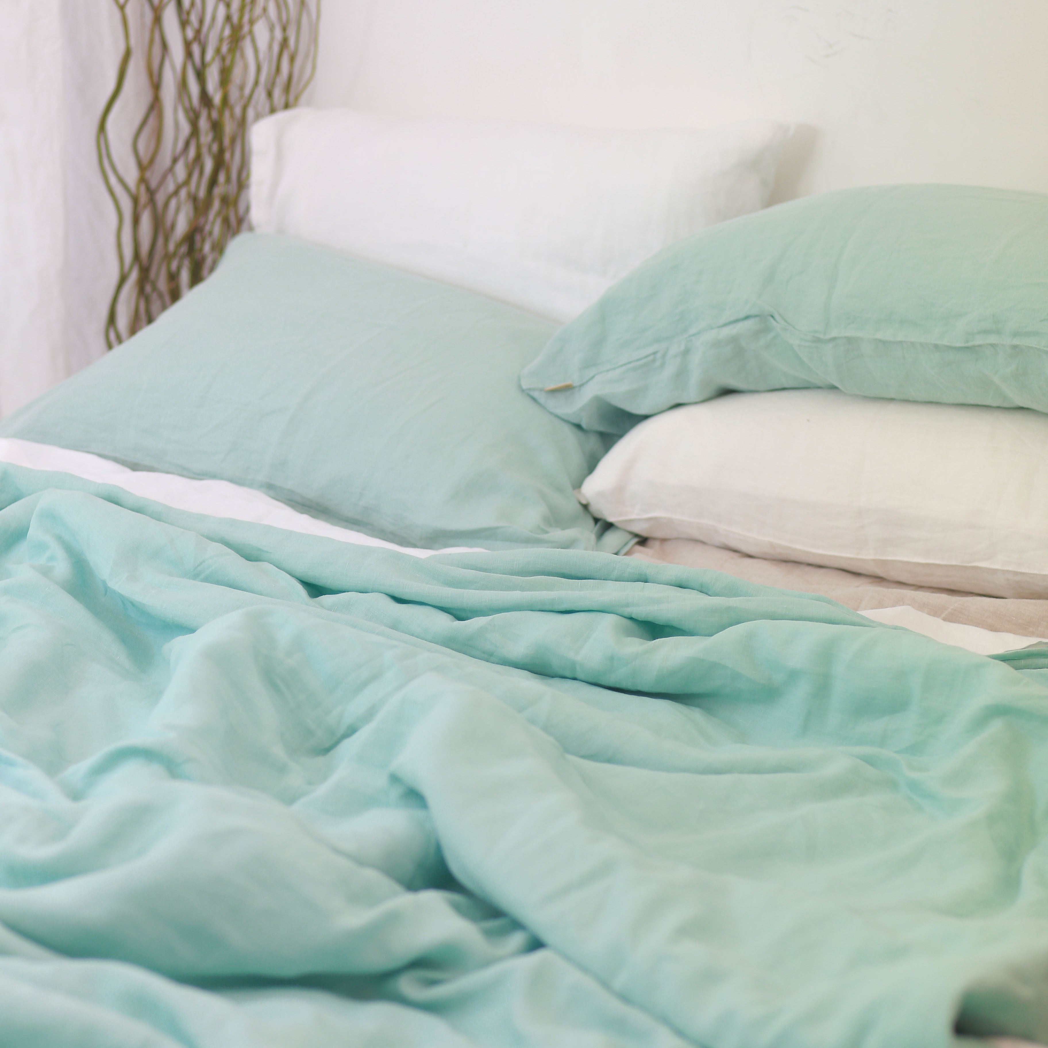 Mint Green French Linen Duvet Cover Set - Soft & Breathable 4-Piece