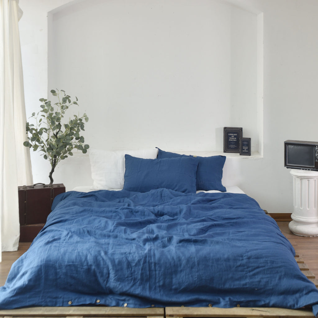 Navy Blue French Linen Duvet Cover Set - Luxury 4-Piece