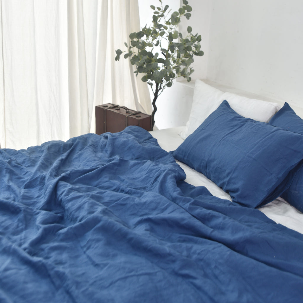 Navy Blue French Linen Duvet Cover Set - Luxury 4-Piece