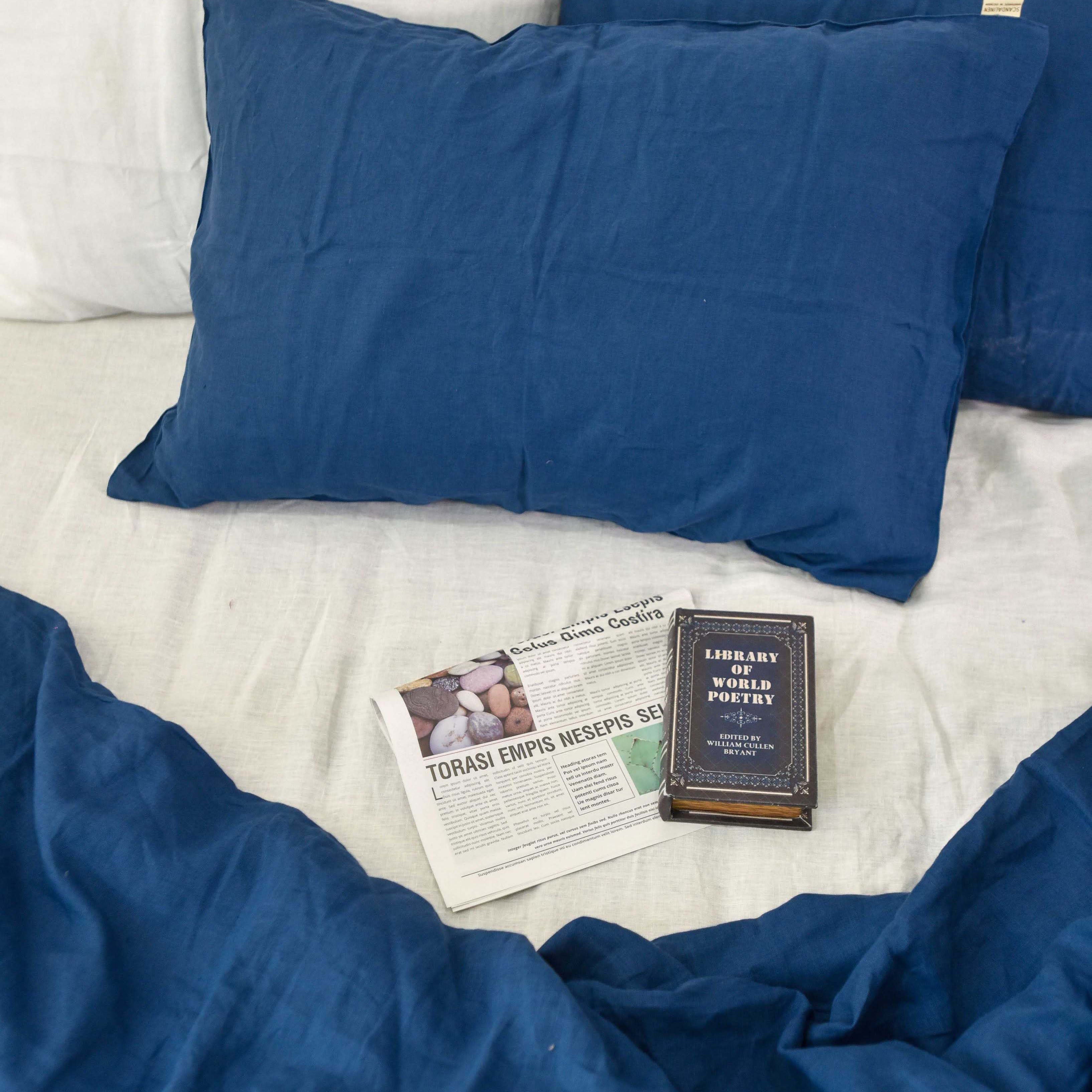 Navy Blue French Linen Duvet Cover Set - Luxury 4-Piece