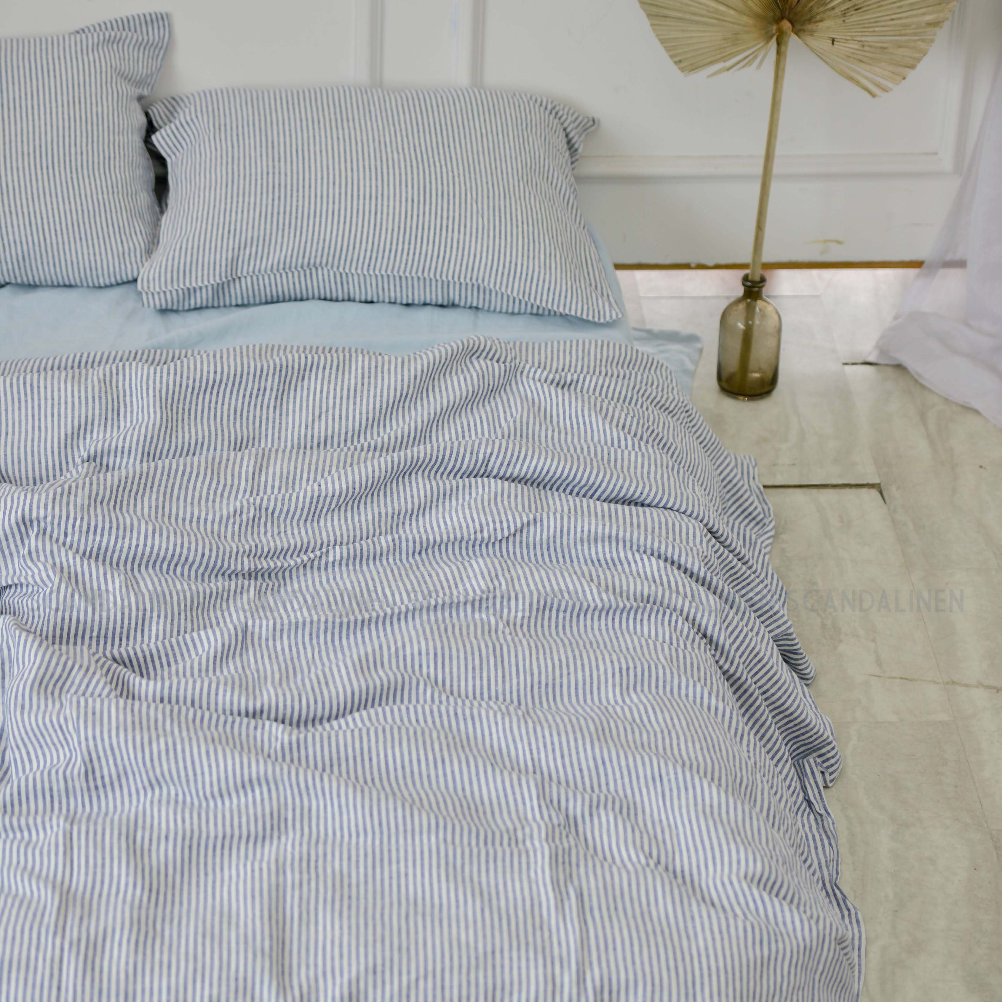 Navy Striped French Linen Duvet Cover | Yarn-Dyed | Handmade