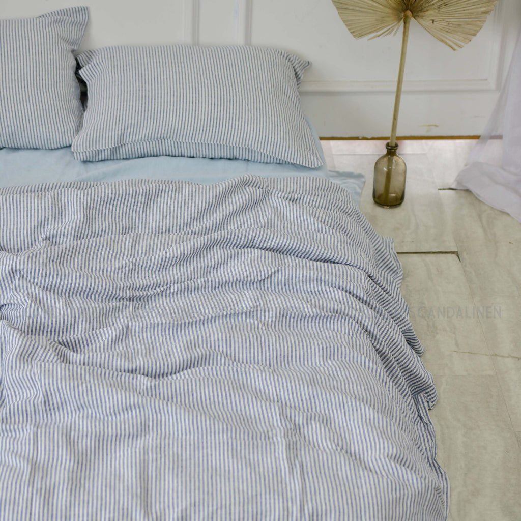 Striped Navy French Linen Fitted Sheet - Yarn-Dyed Deep Pocket