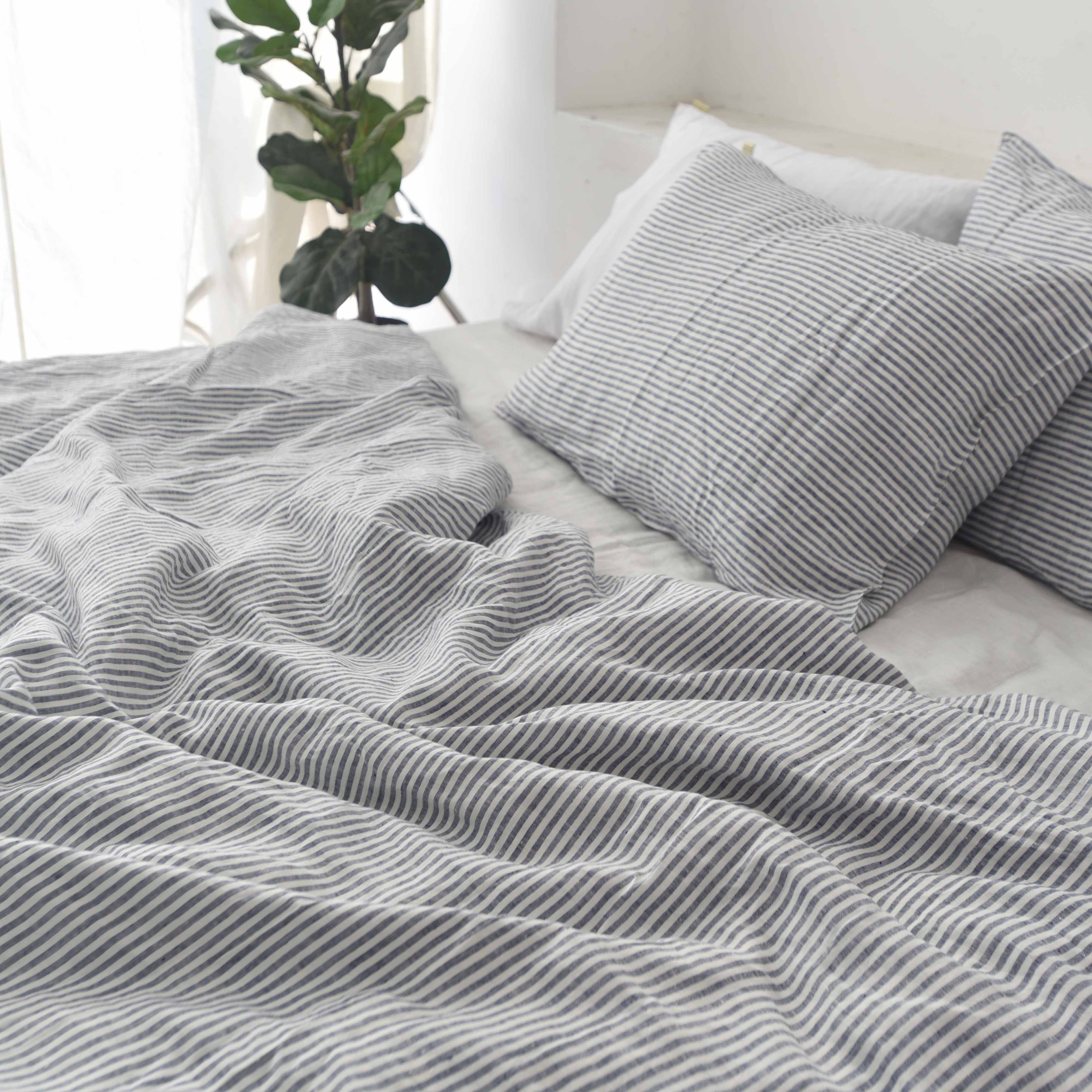 Navy Striped French Linen Pillowcase | Yarn-Dyed | Handmade