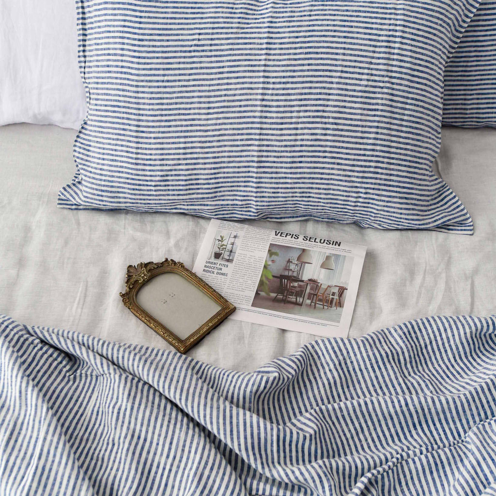 Navy Striped French Linen 4-Piece Duvet Cover Set | Yarn-Dyed | Handmade