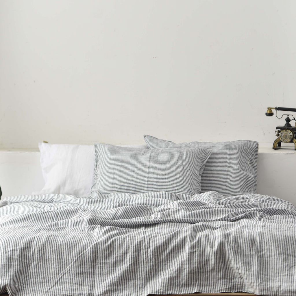 Striped Navy French Linen Fitted Sheet - Yarn-Dyed Deep Pocket