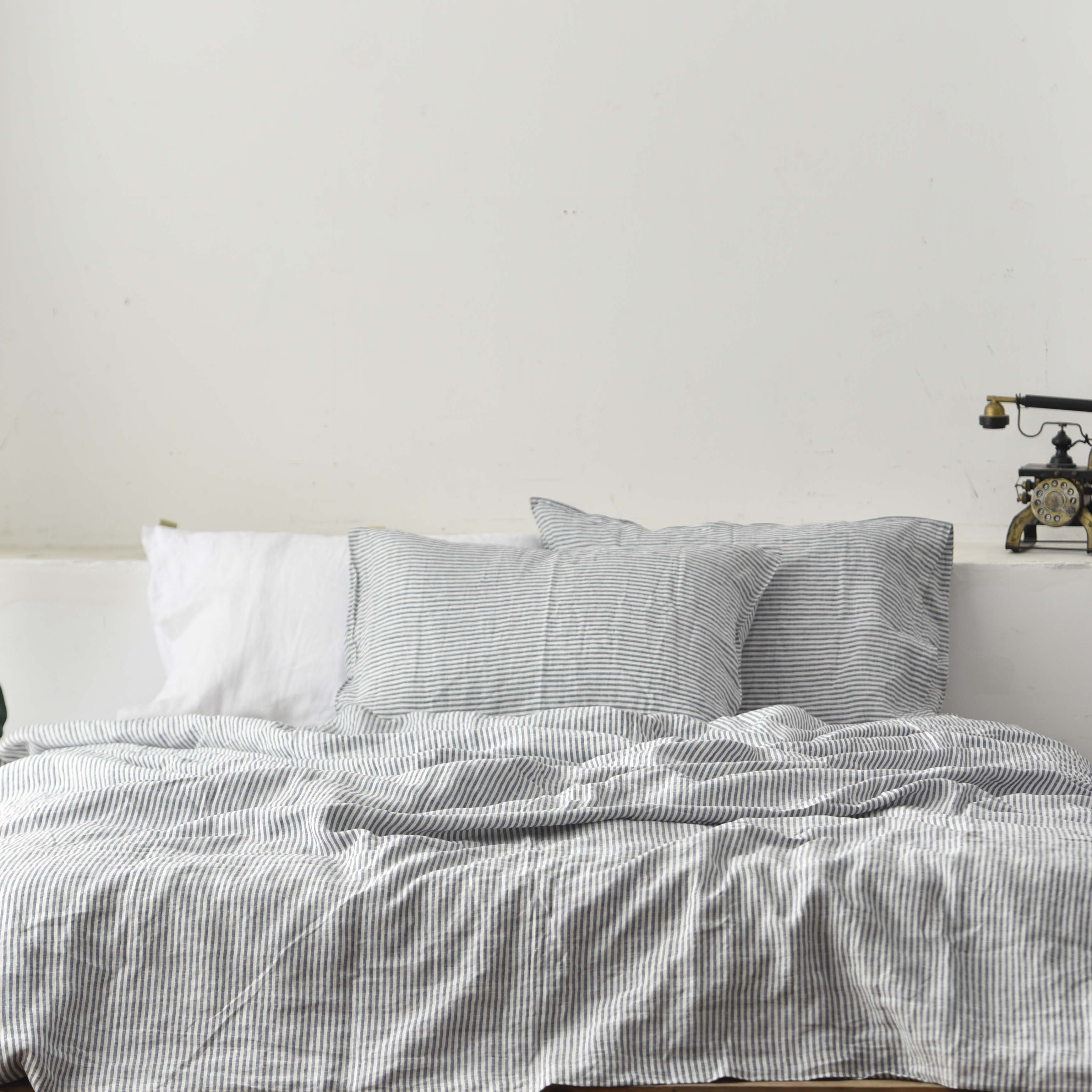 Navy Striped French Linen Pillowcase | Yarn-Dyed | Handmade