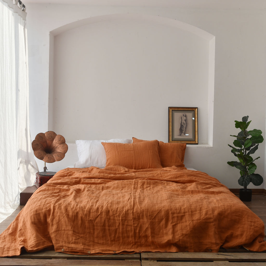 Orange French Linen Fitted Sheet | Premium Linen Bedding