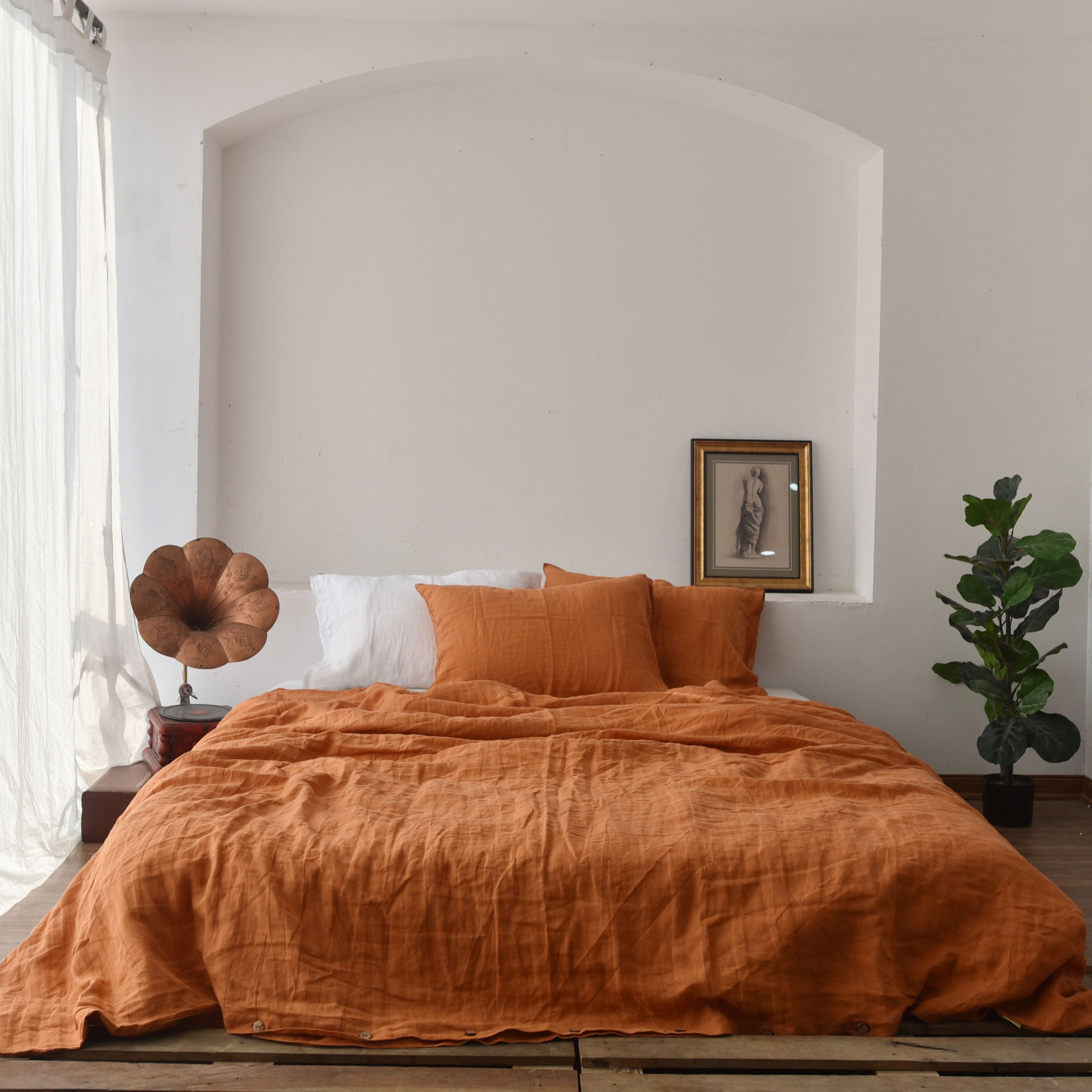 Orange French Linen Fitted Sheet | Premium Linen Bedding
