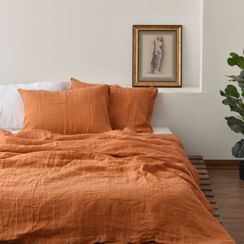 Orange French Linen Duvet Cover - Plain Dyed