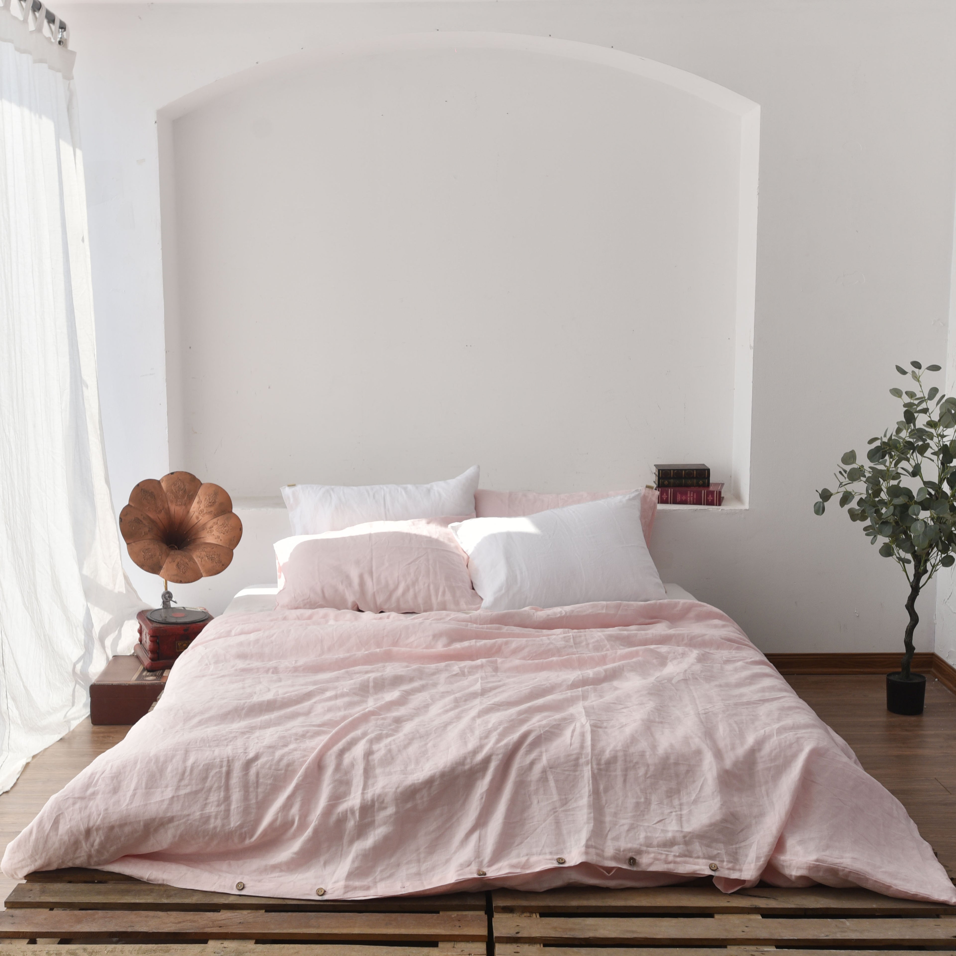 Peach French Linen Duvet Cover Set - Soft & Breathable 4-Piece