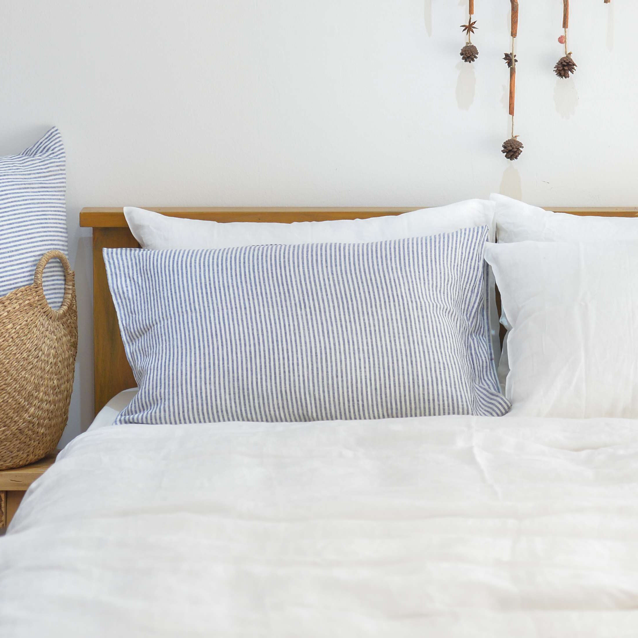 Navy Striped French Linen Pillowcase | Yarn-Dyed | Handmade