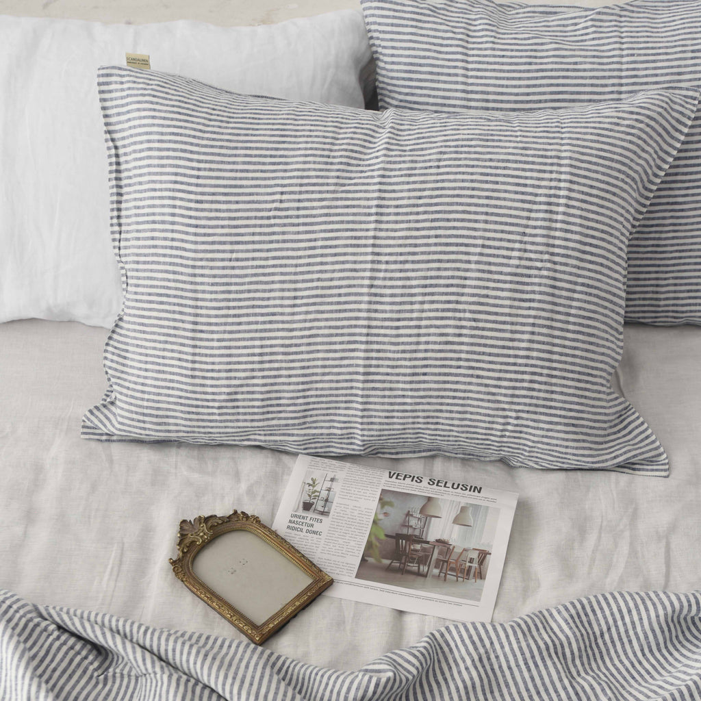 Navy Striped French Linen Pillowcase | Yarn-Dyed | Handmade