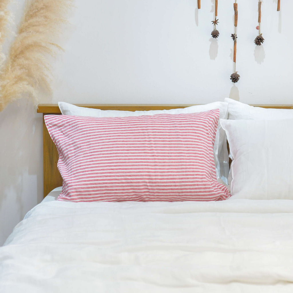 Red Striped French Linen Pillowcase | Yarn-Dyed | Handmade