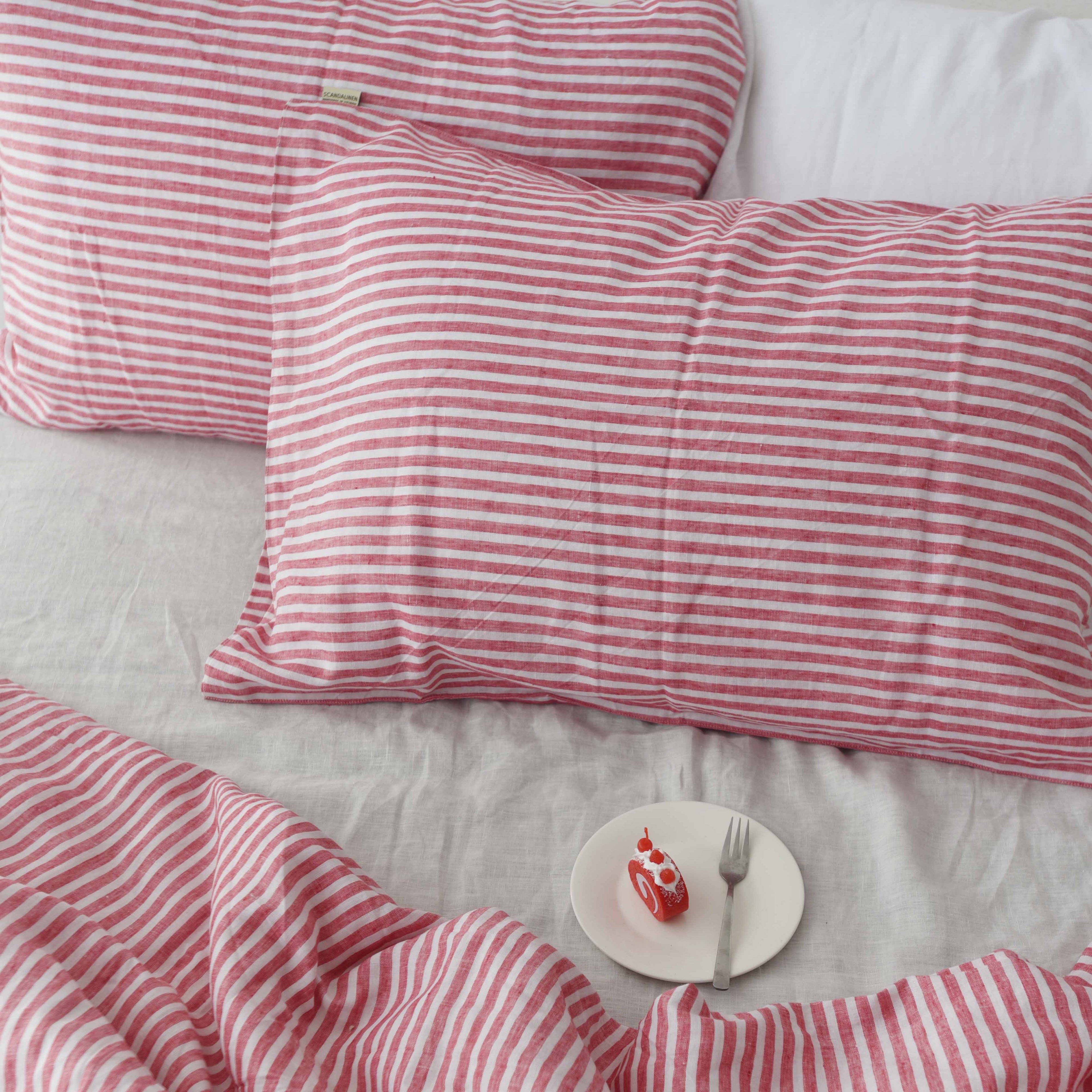Red Striped French Linen Pillowcase | Yarn-Dyed | Handmade