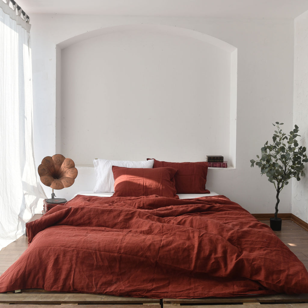 Red French Linen Duvet Cover Set - Soft & Breathable 4-Piece