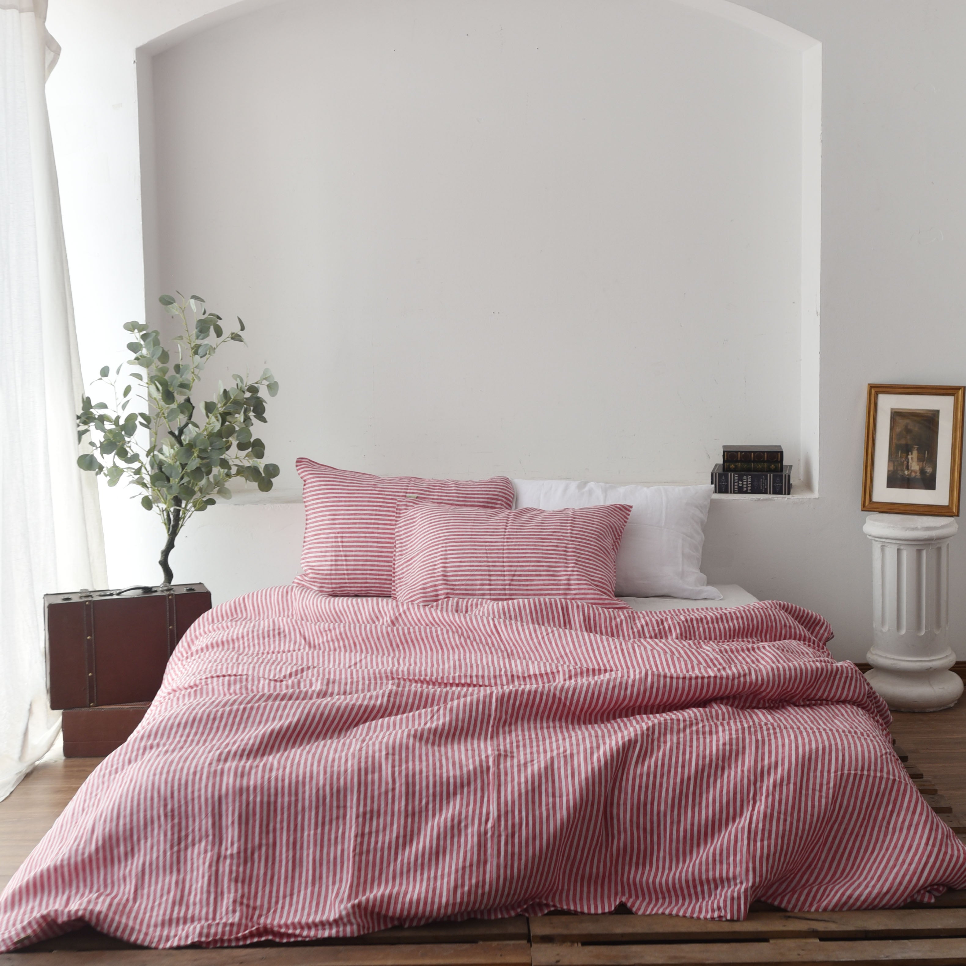 Red Striped French Linen 4-Piece Duvet Cover Set | Yarn-Dyed | Handmade