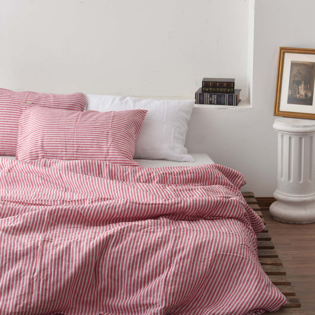Striped Coffee French Linen Duvet Cover Set - Yarn-Dyed 4-Piece