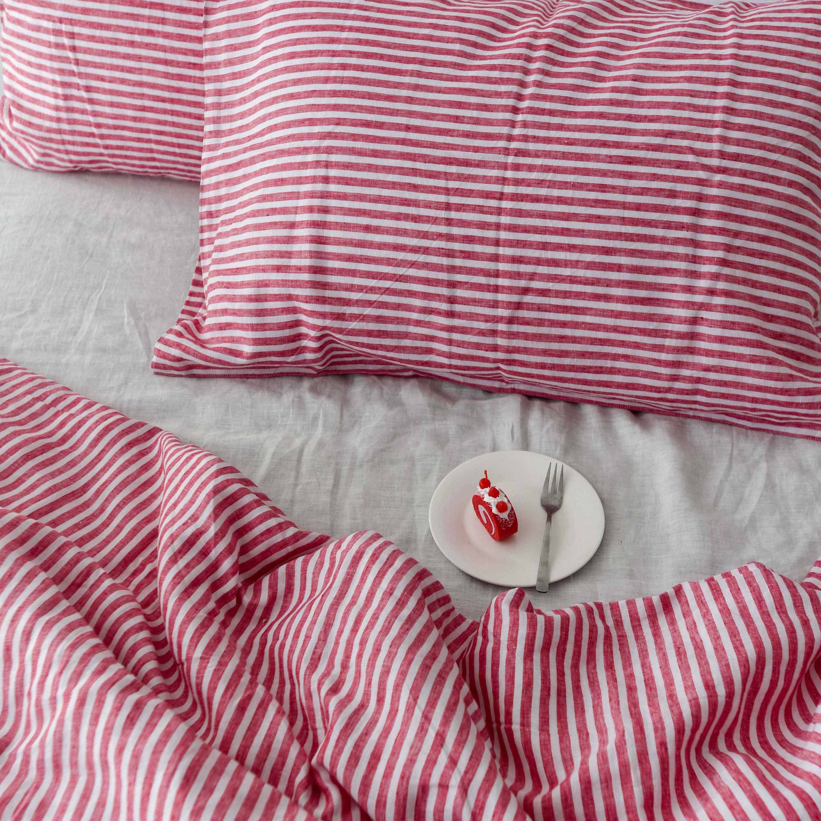 Red Striped French Linen Duvet Cover+2 Pillowcases Set | Yarn-Dyed | Handmade