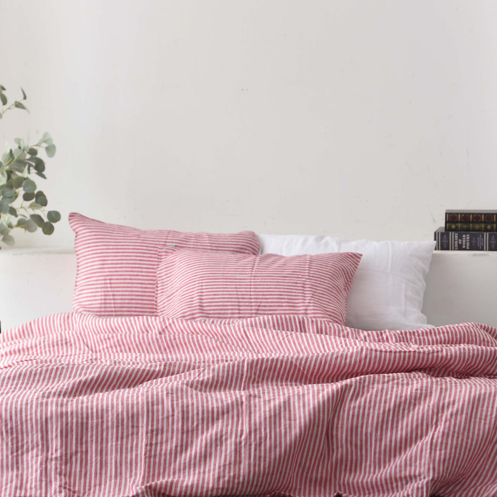 Red Striped French Linen 4-Piece Duvet Cover Set | Yarn-Dyed | Handmade