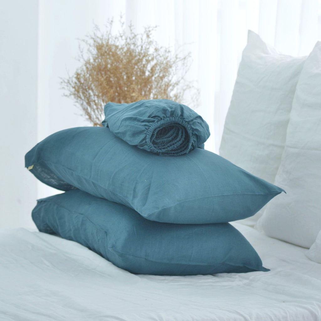 Azure Blue French Linen Fitted Sheet Set - Deep Pocket with 2 Pillowcases