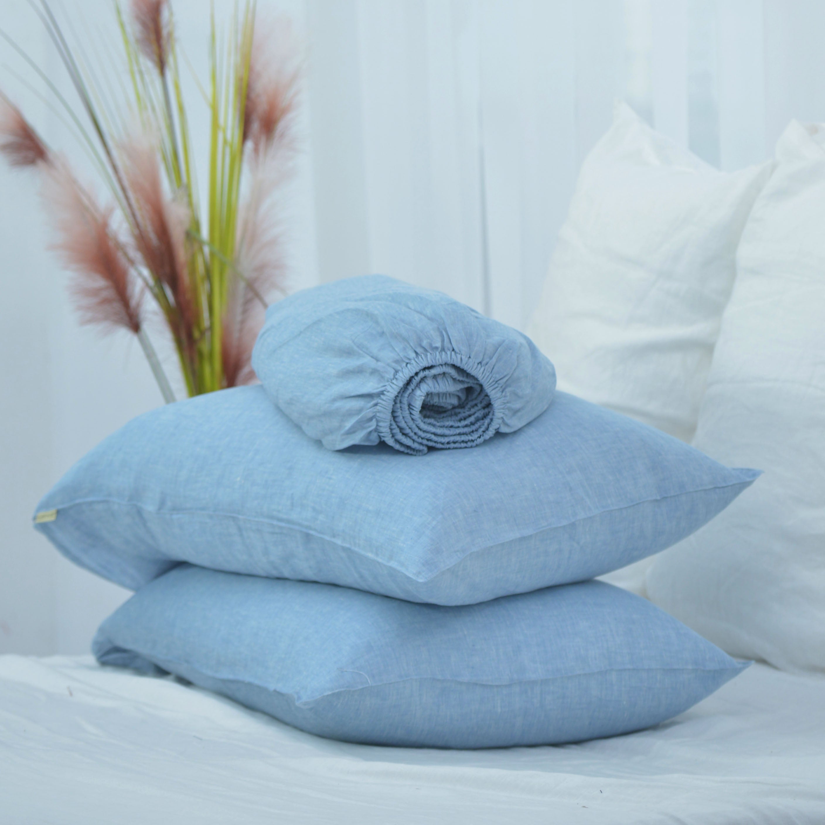 Blue French Linen Fitted Sheet Set - Yarn-Dyed with 2 Pillowcases