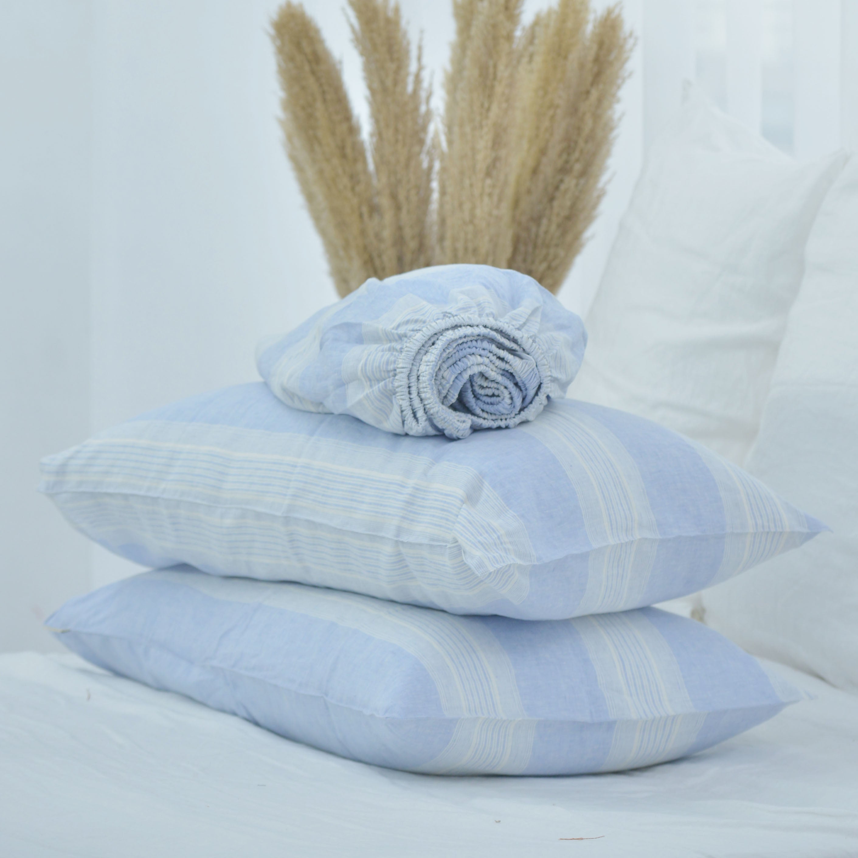 Striped Blue French Linen Fitted Sheet Set - Yarn-Dyed with 2 Pillowcases