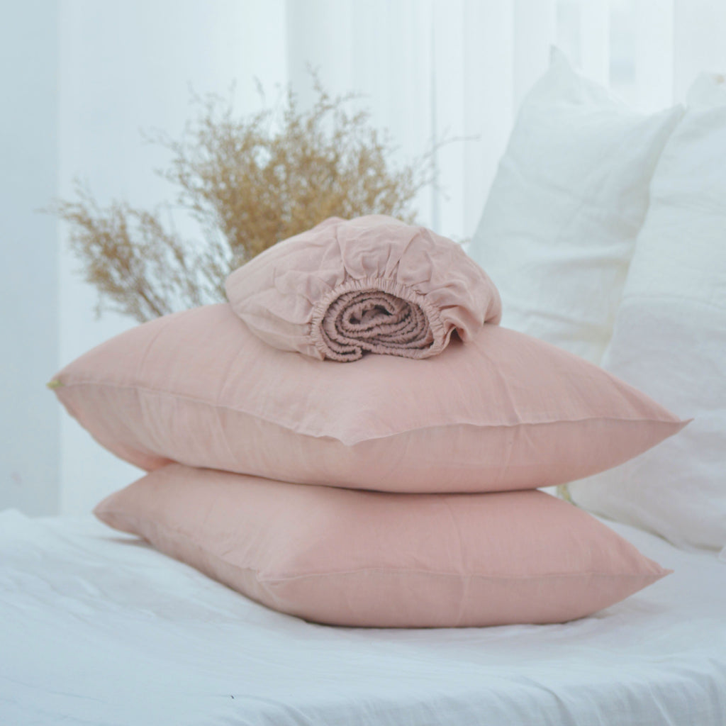 Dusty Pink French Linen Fitted Sheet Set - Deep Pocket with 2 Pillowcases