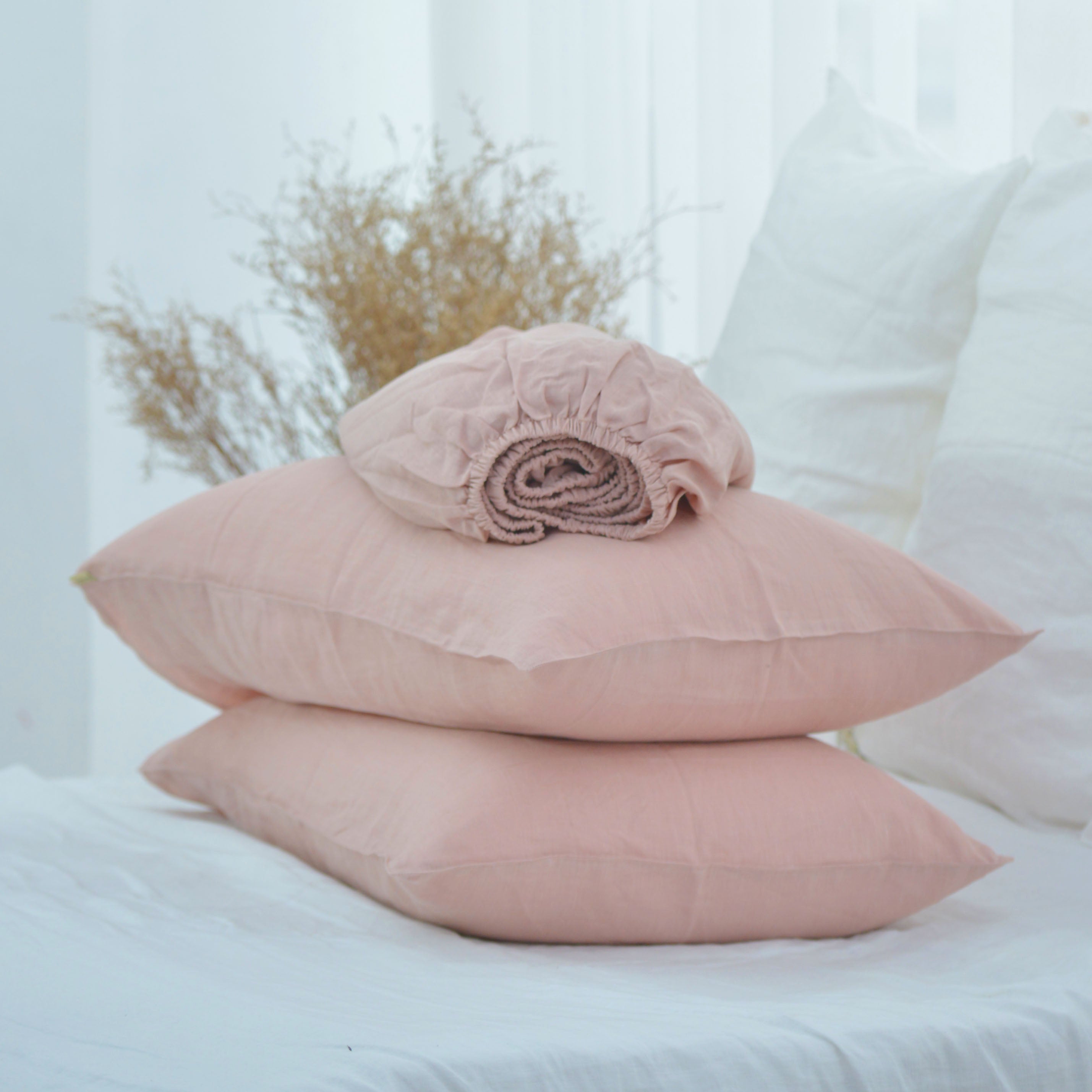 Dusty Pink French Linen Fitted Sheet Set - Deep Pocket with 2 Pillowcases