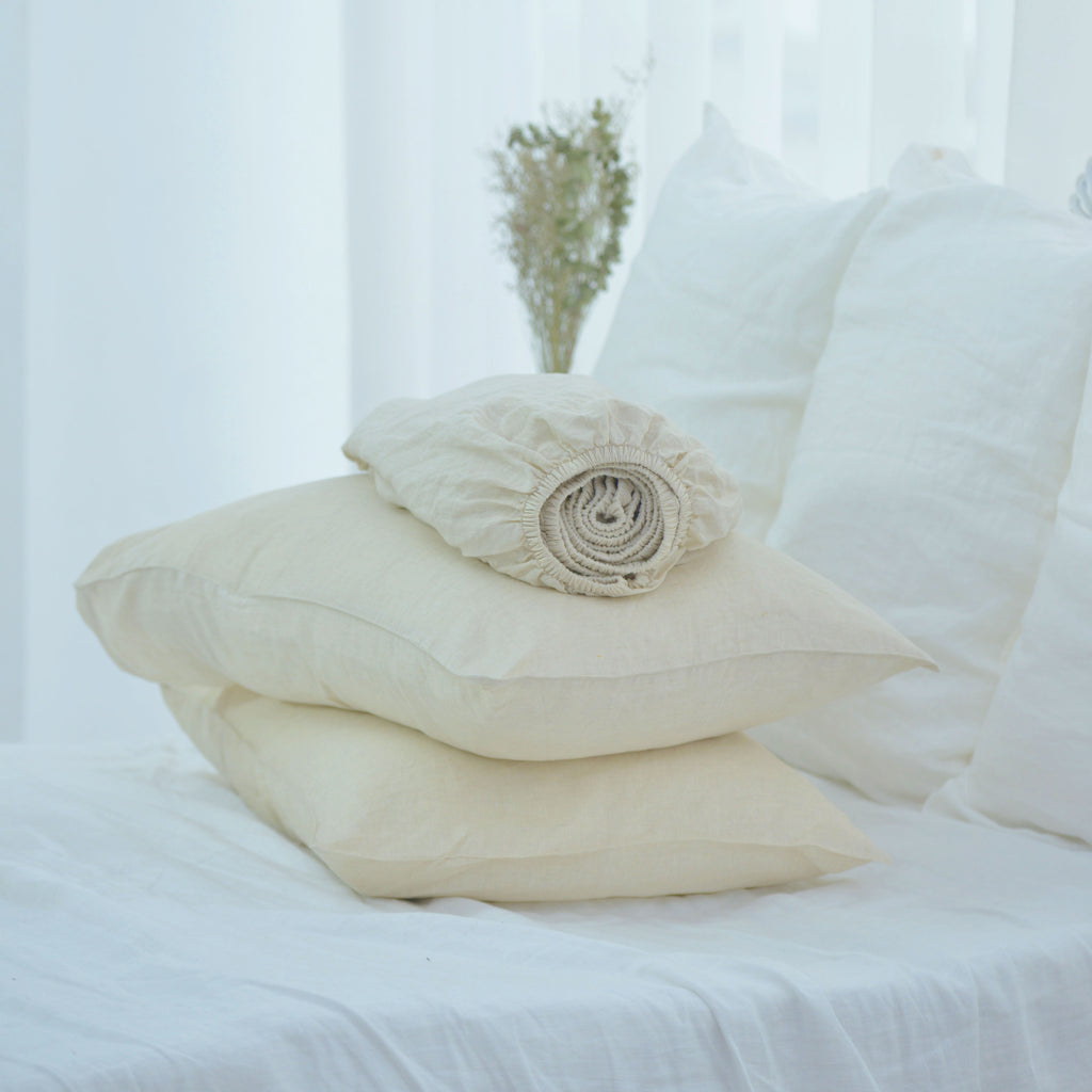Flax Beige French Linen Fitted Sheet Set - Deep Pocket with 2 Pillowcases