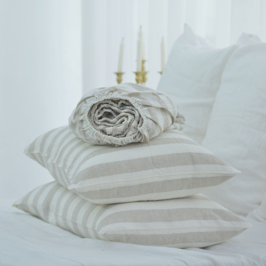 Striped Flax French Linen Fitted Sheet Set - Yarn-Dyed with 2 Pillowcases