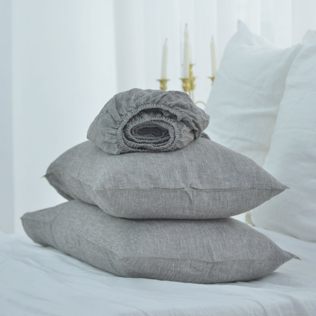 Gray French Linen Fitted Sheet Set - Yarn-Dyed with 2 Pillowcases