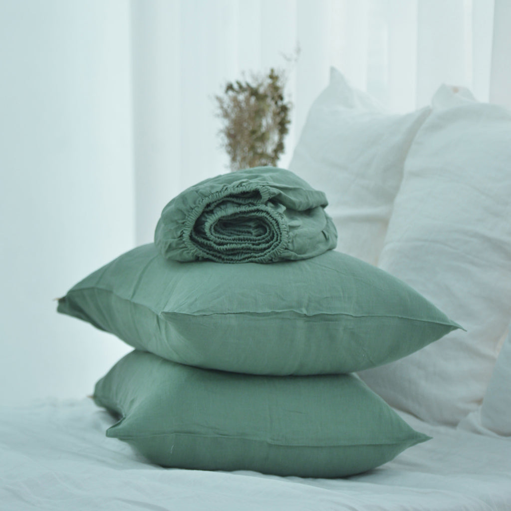 Green French Linen Fitted Sheet Set - Deep Pocket with 2 Pillowcases