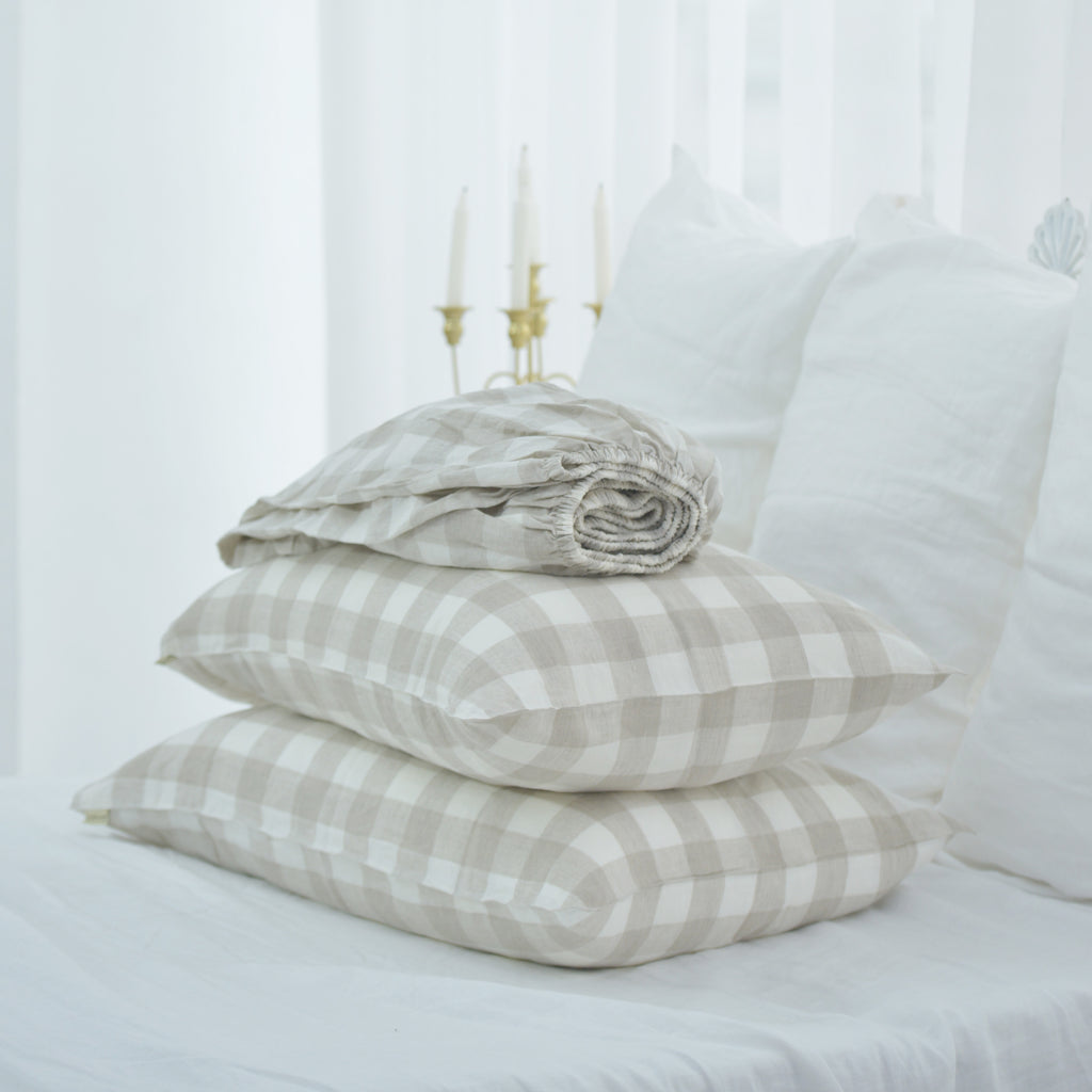 Grid Pattern French Linen Fitted Sheet Set - Yarn-Dyed with 2 Pillowcases