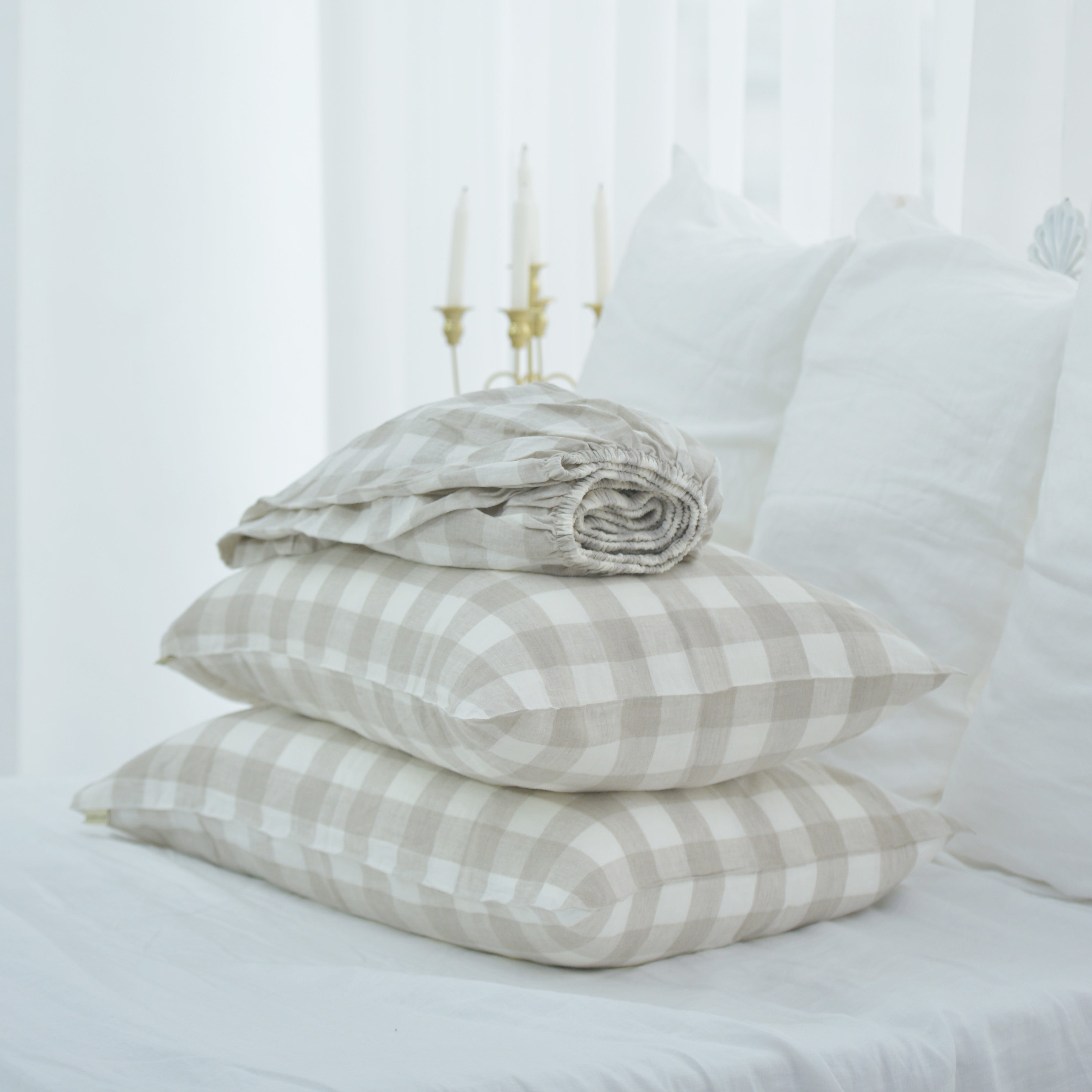 Grid Pattern French Linen Fitted Sheet Set - Yarn-Dyed with 2 Pillowcases