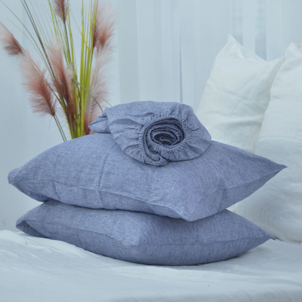 Jean Blue French Linen Fitted Sheet Set - Yarn-Dyed with 2 Pillowcases