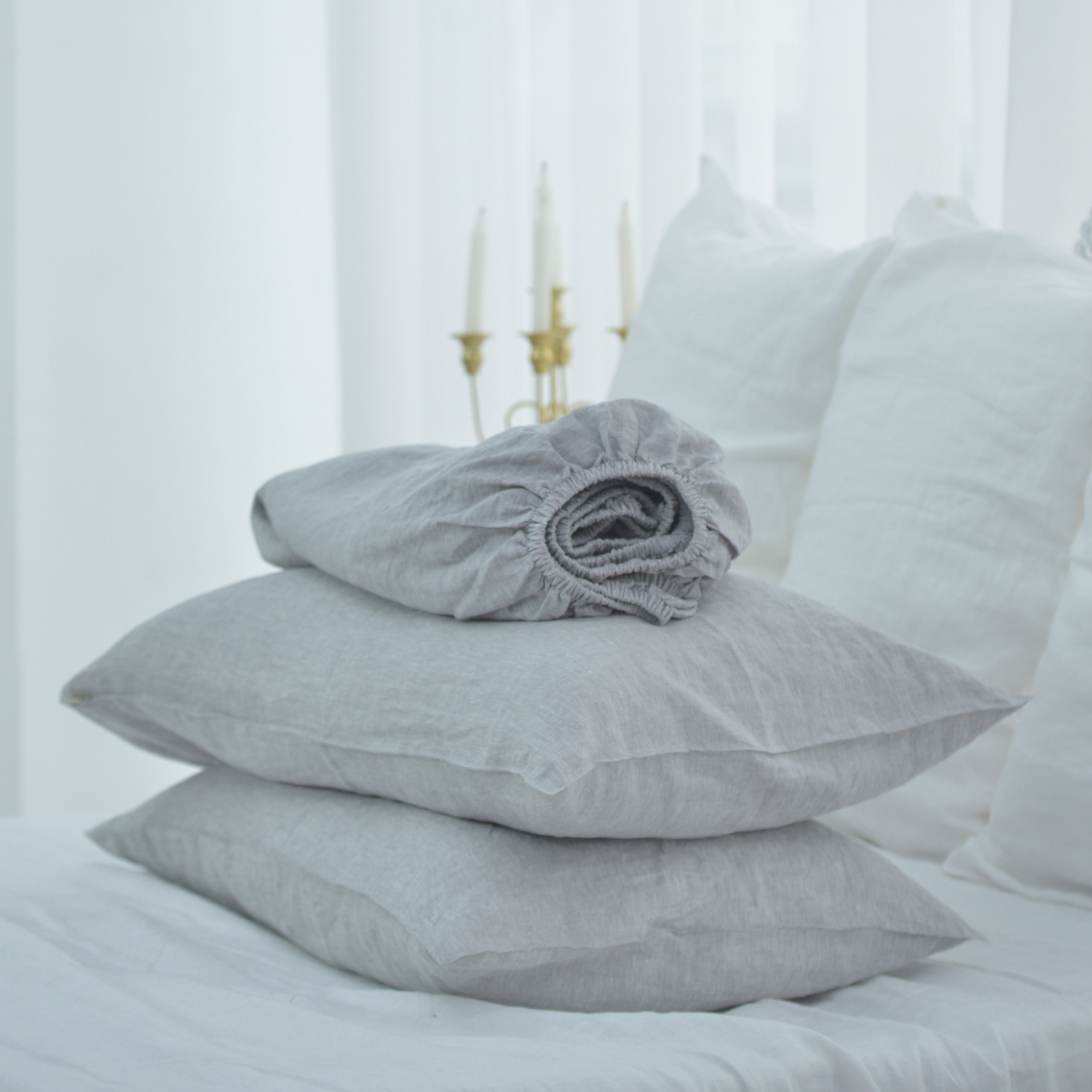 Light Gray French Linen Fitted Sheet Set - Yarn-Dyed with 2 Pillowcases