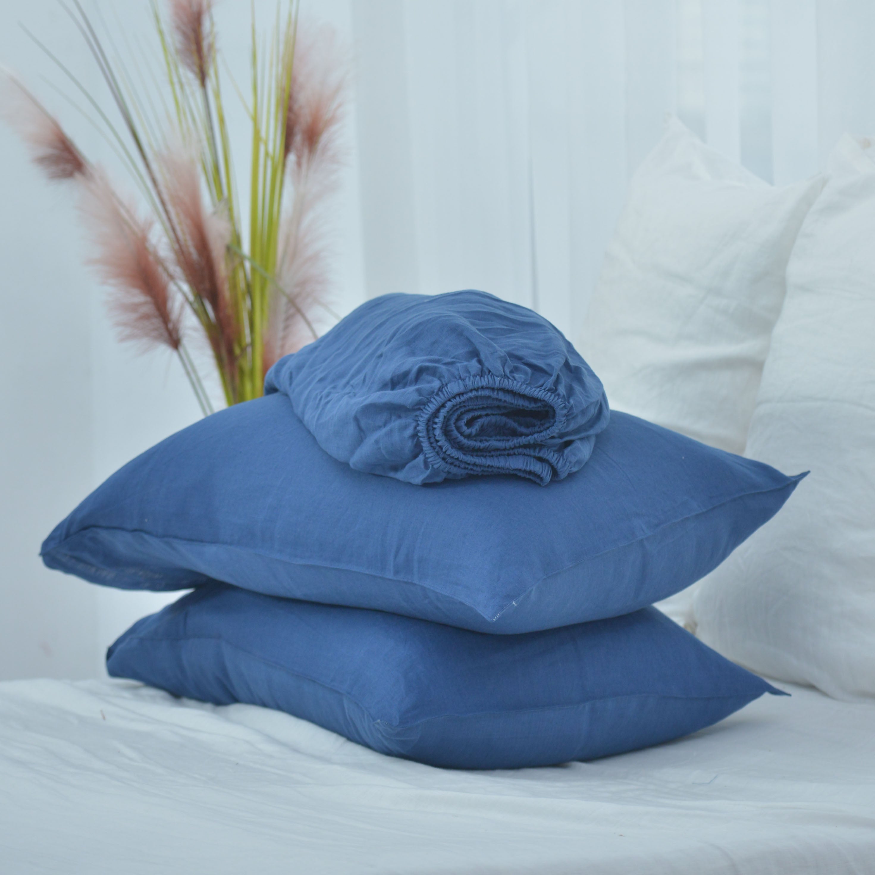 Navy Blue French Linen Fitted Sheet Set - Deep Pocket with 2 Pillowcases
