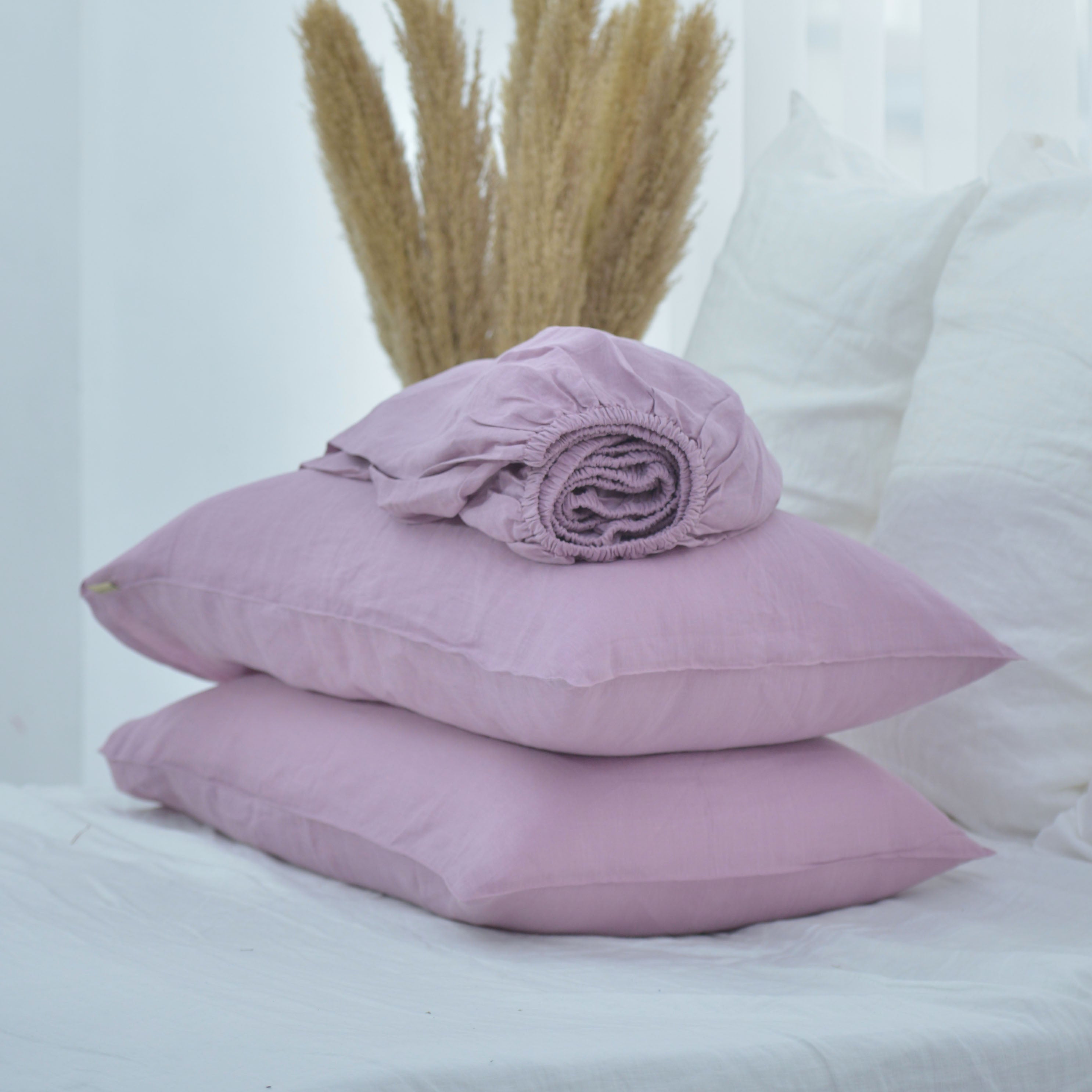 Purple French Linen Fitted Sheet Set - Deep Pocket with 2 Pillowcases
